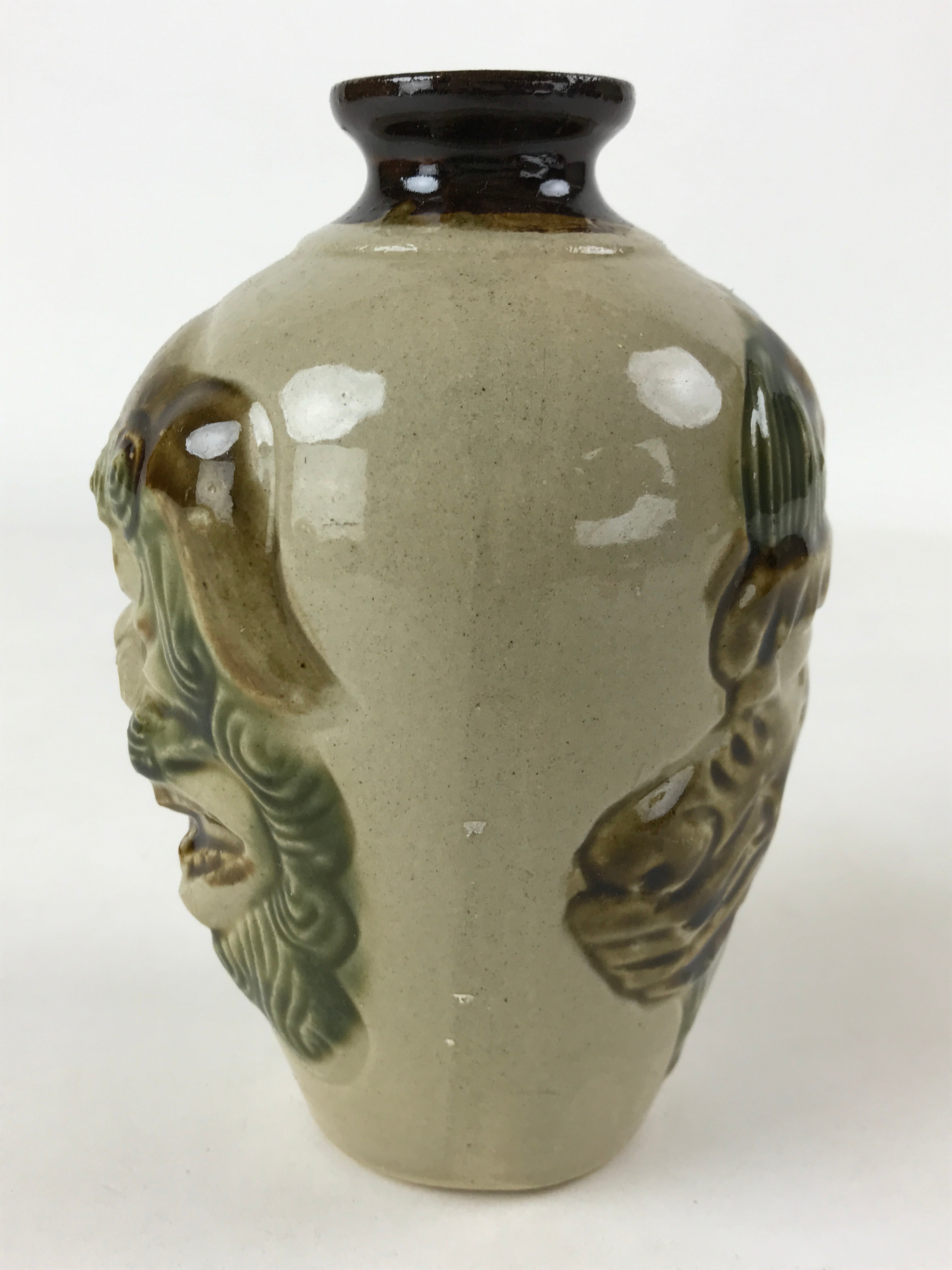 Japanese Sake Bottle Ceramic Tokkuri Vtg Shishi Lion Dragon Brown Beige TS601