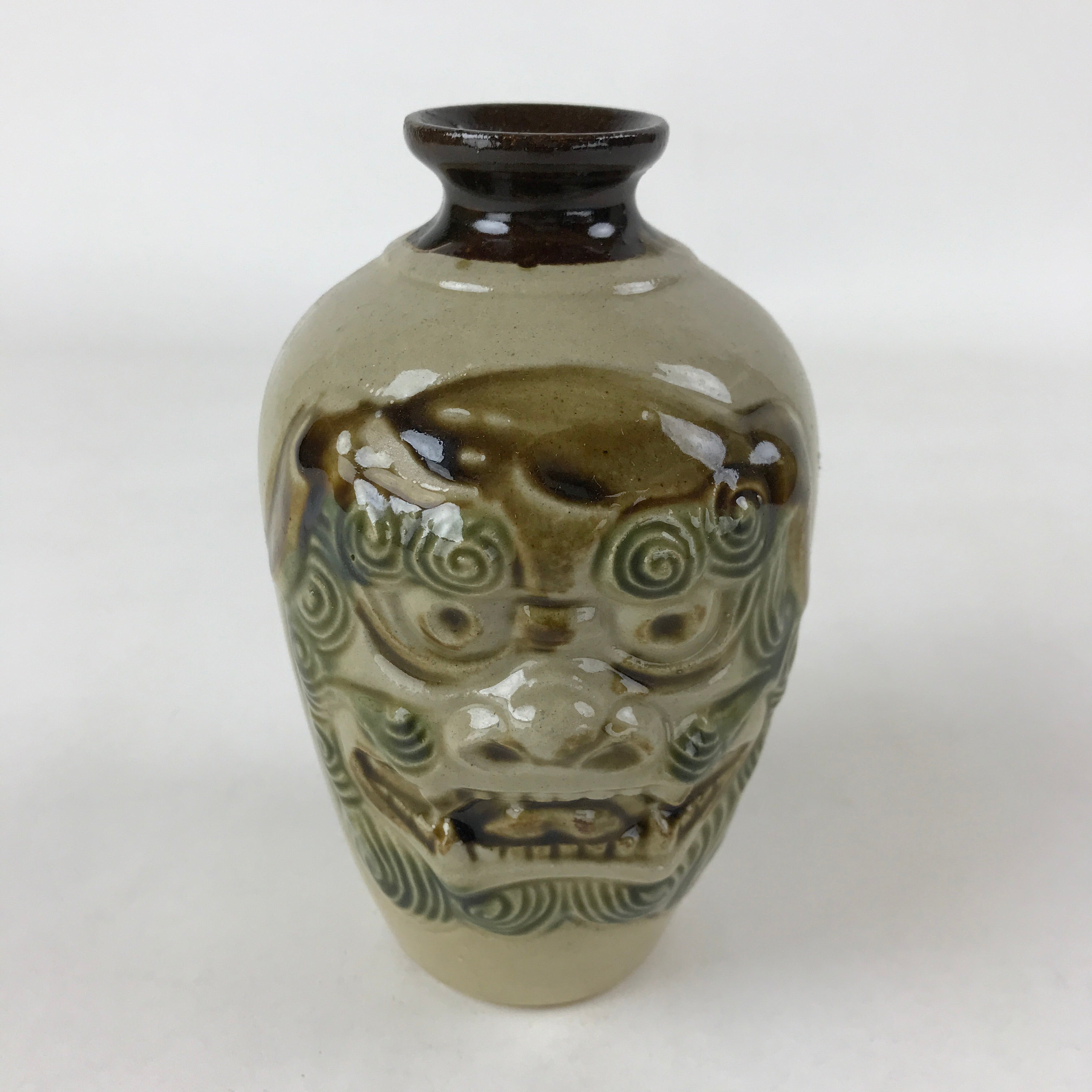 Japanese Sake Bottle Ceramic Tokkuri Vtg Shishi Lion Dragon Brown Beige TS601