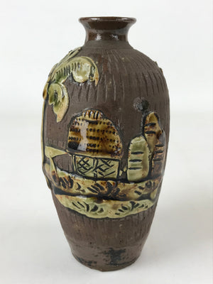 Japanese Sake Bottle Ceramic Tokkuri Vtg Tropical Village Palm Tree Brown TS602
