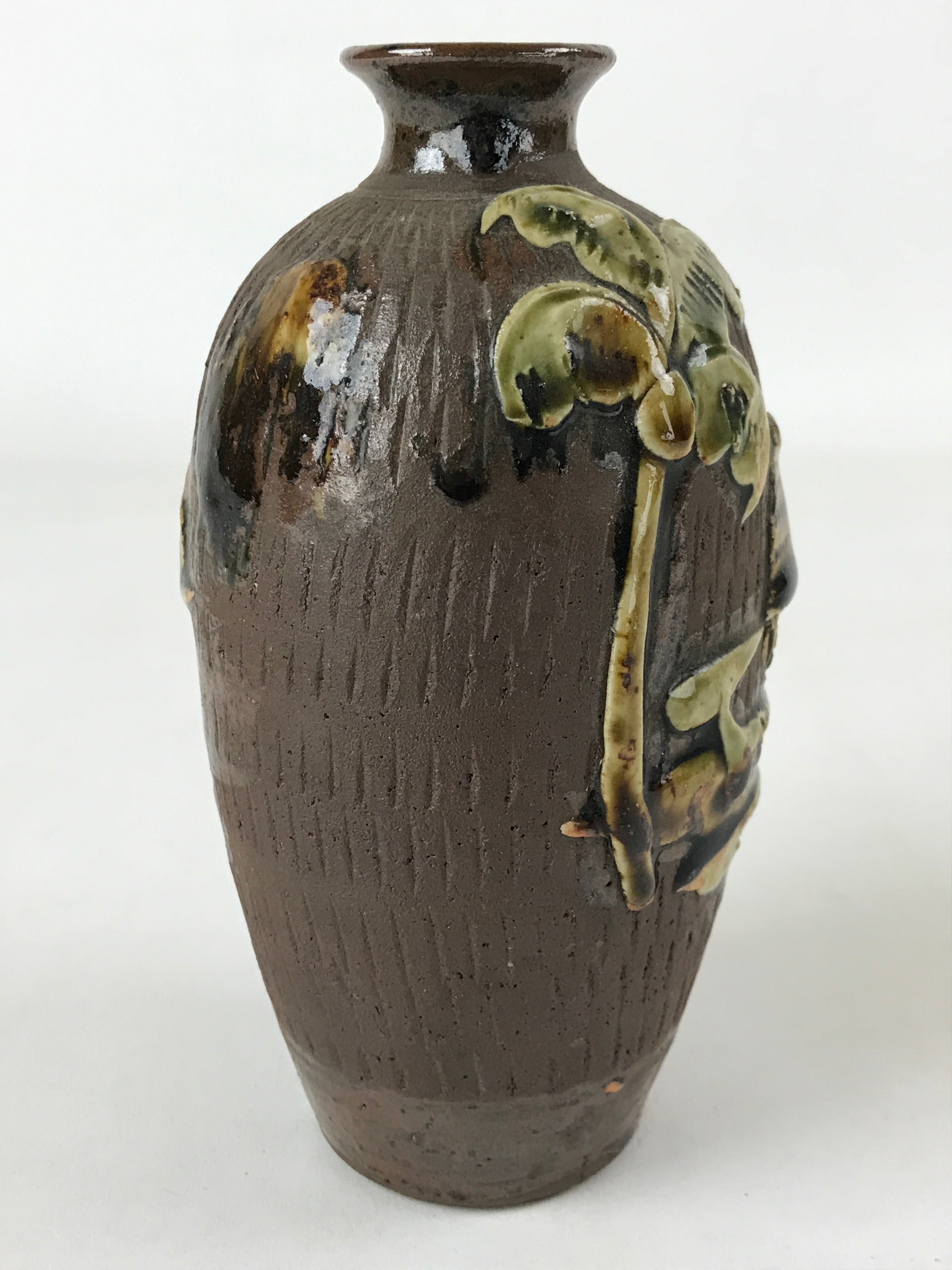Japanese Sake Bottle Ceramic Tokkuri Vtg Tropical Village Palm Tree Brown TS602
