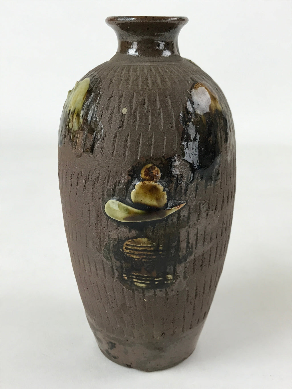 Japanese Sake Bottle Ceramic Tokkuri Vtg Tropical Village Palm Tree Brown TS602