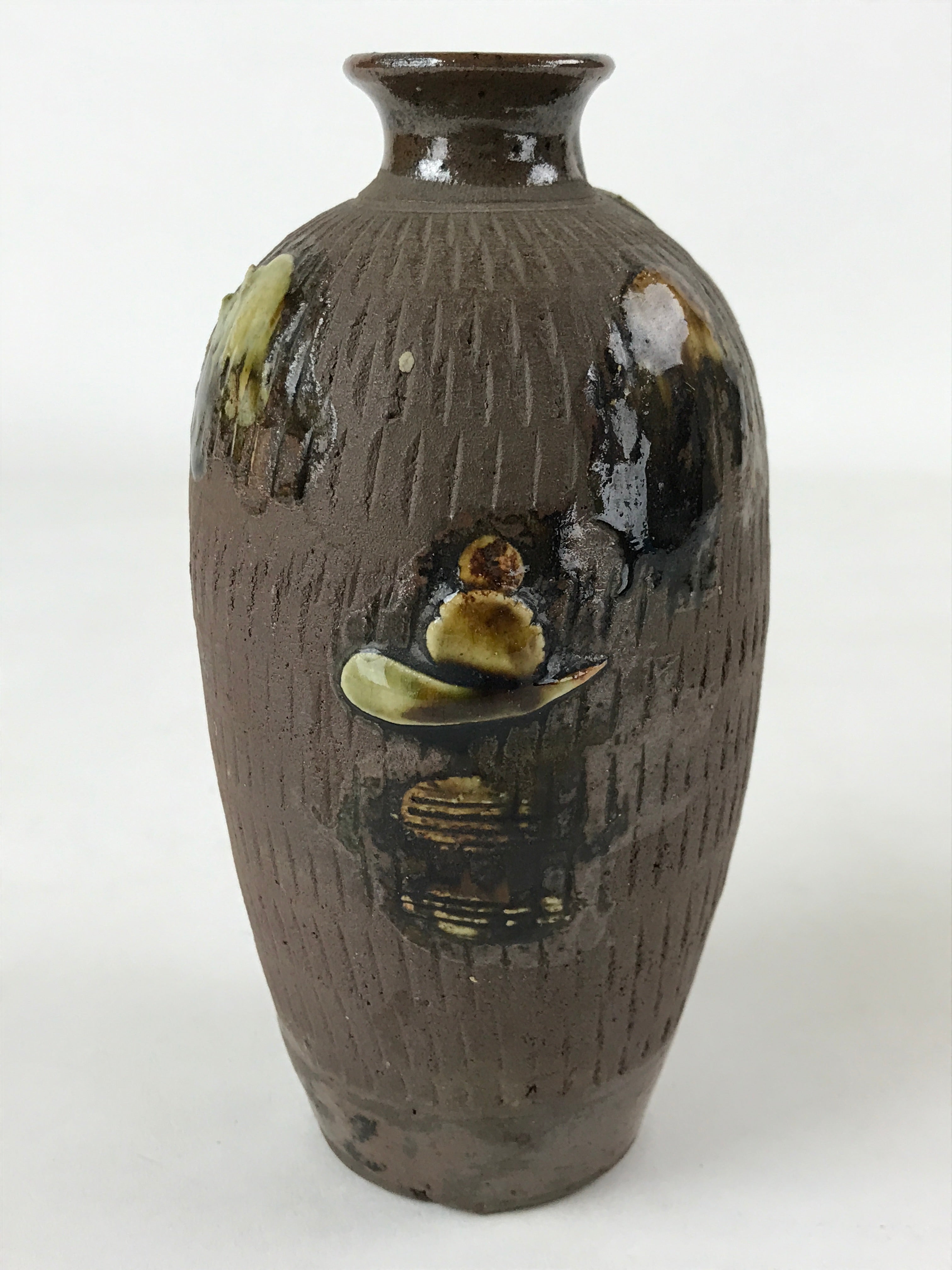 Japanese Sake Bottle Ceramic Tokkuri Vtg Tropical Village Palm Tree Brown TS602