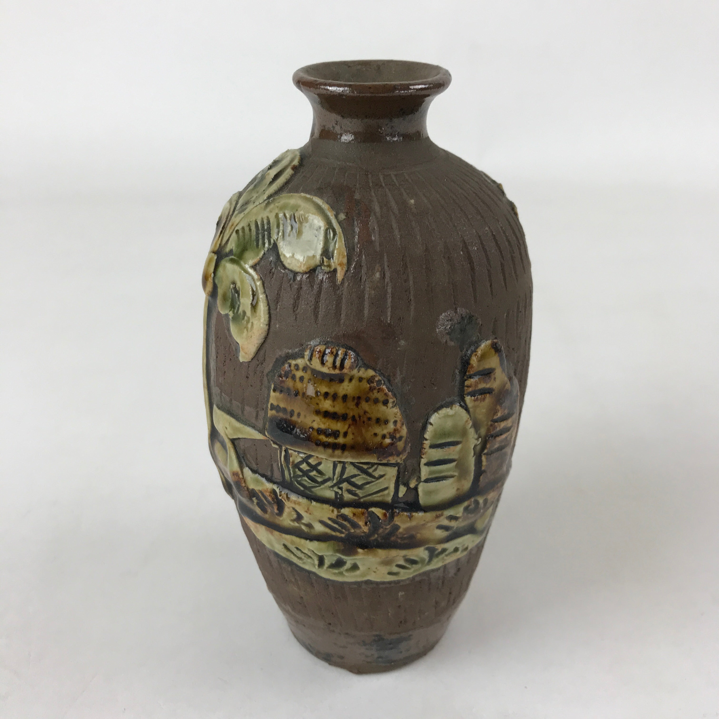 Japanese Sake Bottle Ceramic Tokkuri Vtg Tropical Village Palm Tree Brown TS602
