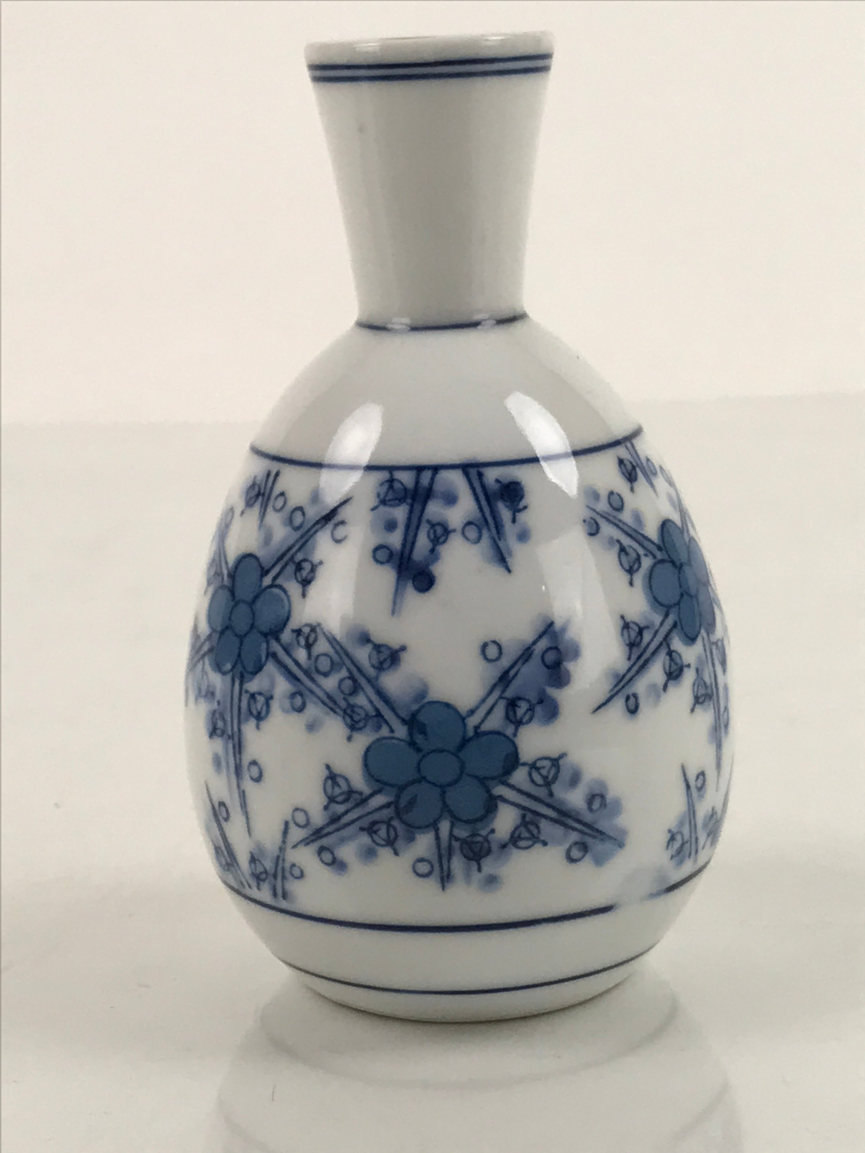 Japanese Sake Bottle Porcelain Tokkuri Vtg Atomic Plum Blossoms White Blue TS683