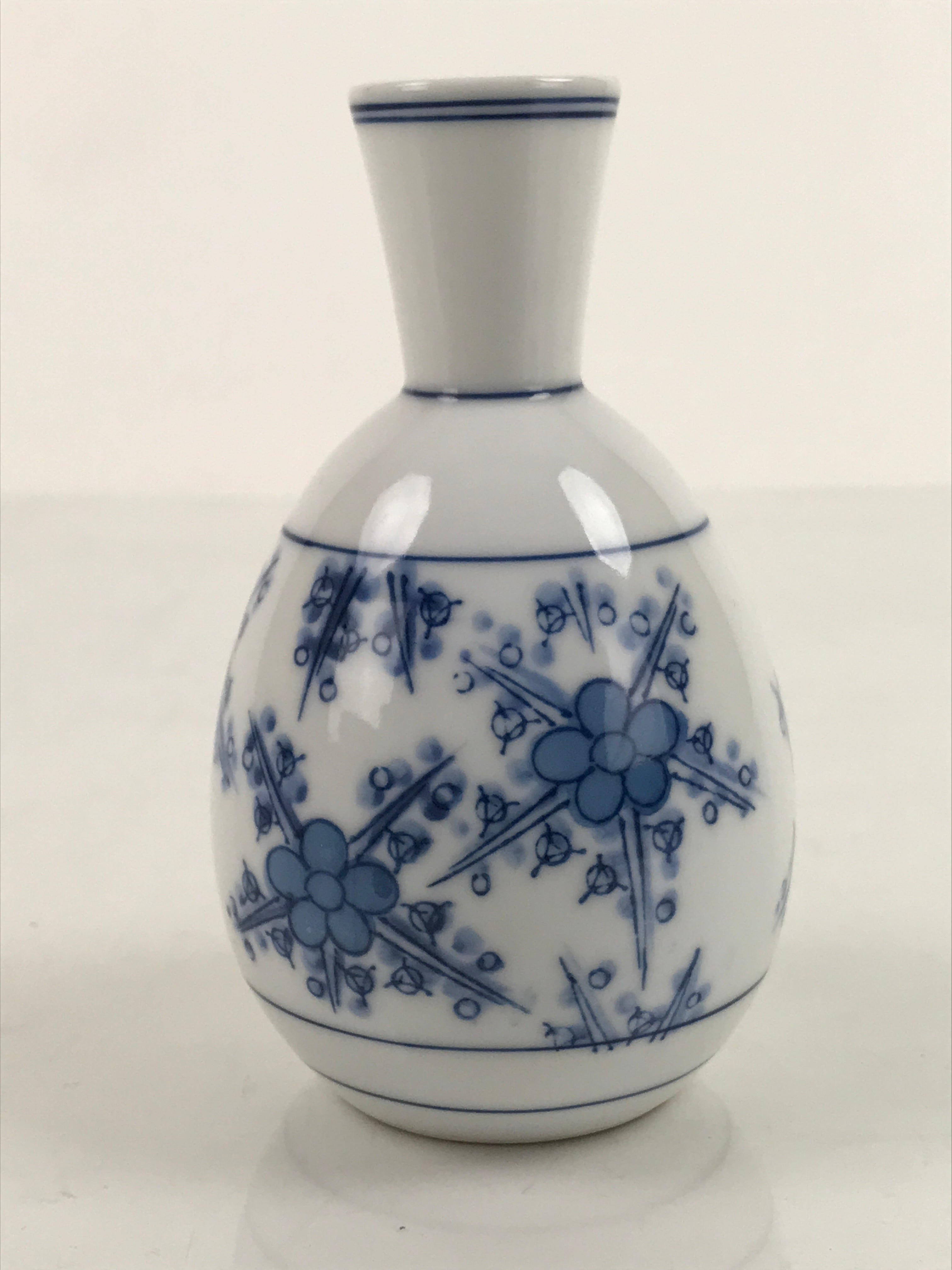 Japanese Sake Bottle Porcelain Tokkuri Vtg Atomic Plum Blossoms White Blue TS684