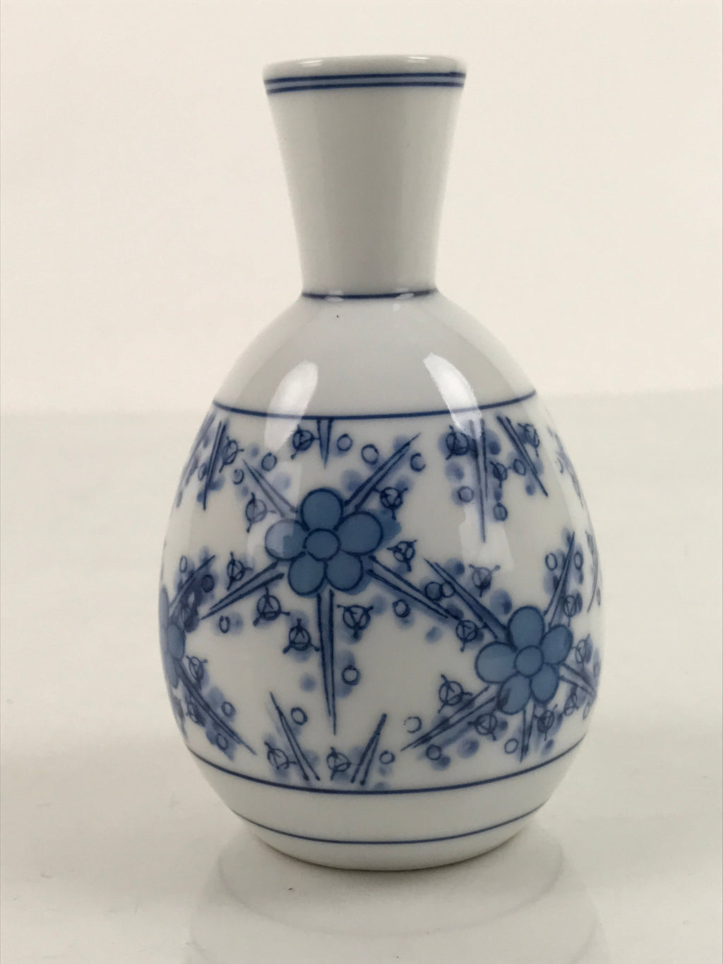 Japanese Sake Bottle Porcelain Tokkuri Vtg Atomic Plum Blossoms White Blue TS684