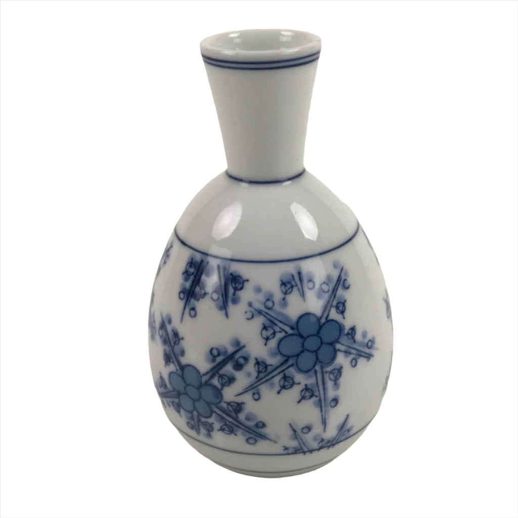Japanese Sake Bottle Porcelain Tokkuri Vtg Atomic Plum Blossoms White Blue TS684