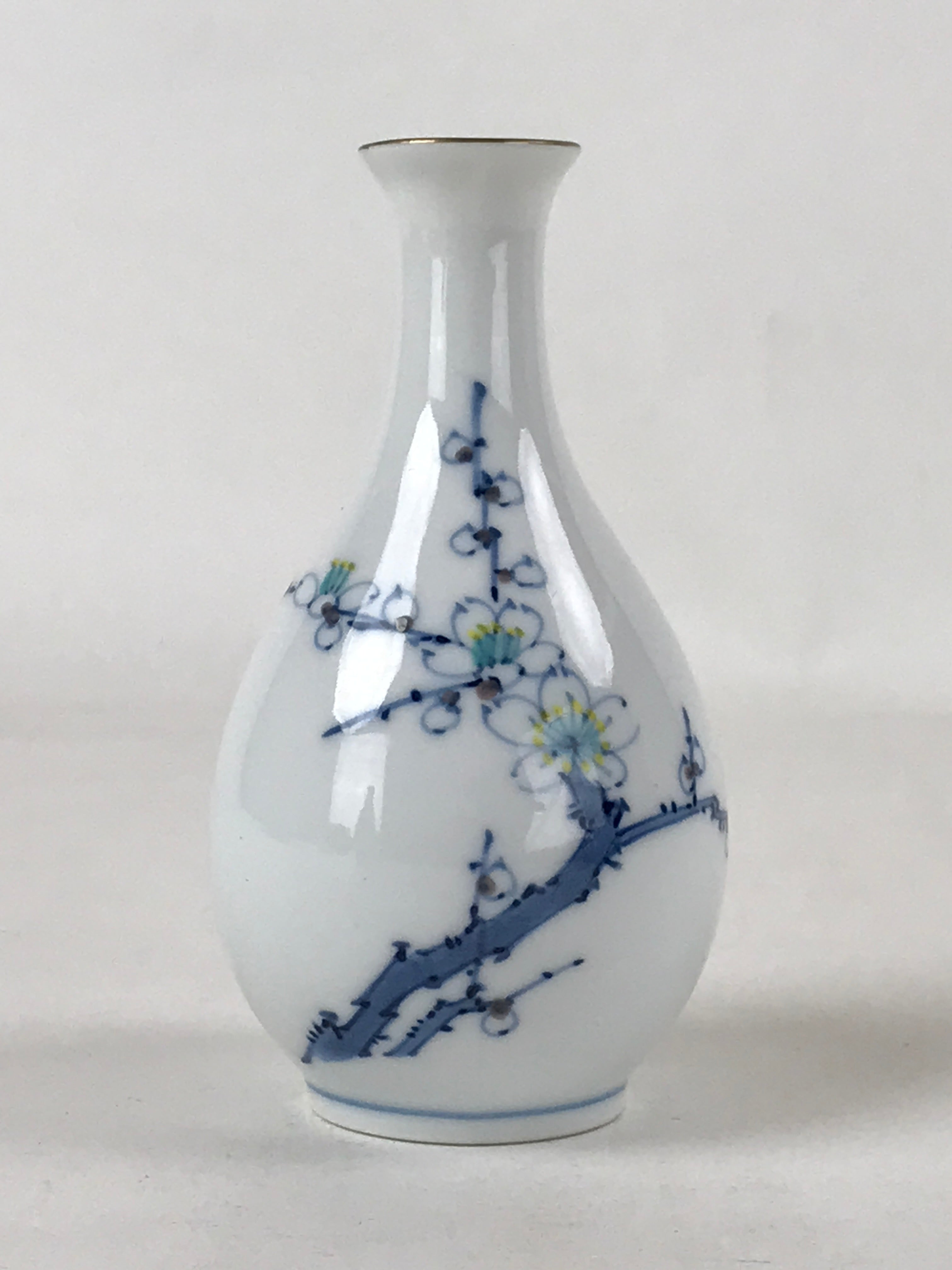 Japanese Sake Bottle Porcelain Tokkuri Vtg Cherry Blossoms White Blue TS596