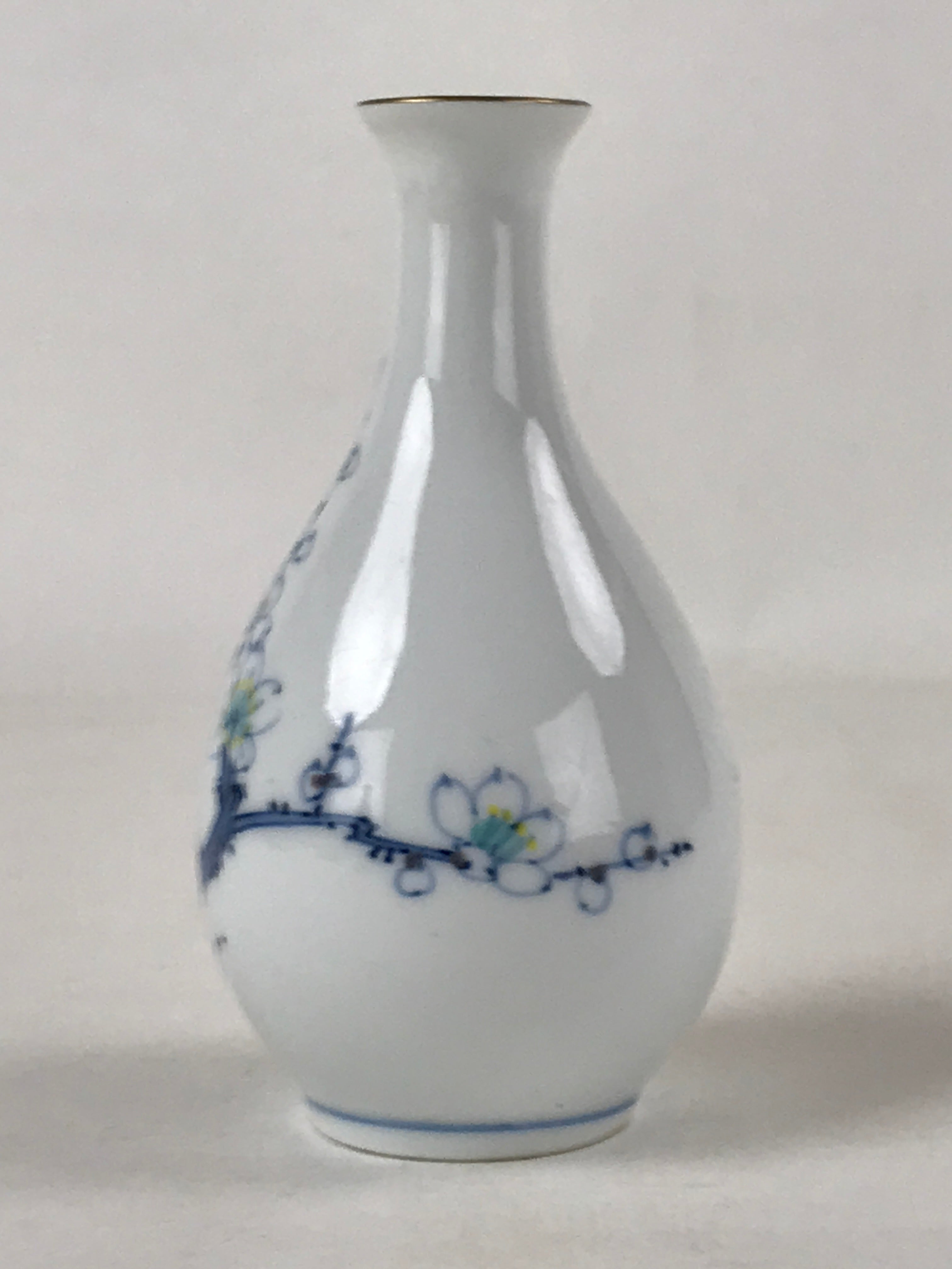 Japanese Sake Bottle Porcelain Tokkuri Vtg Cherry Blossoms White Blue TS596