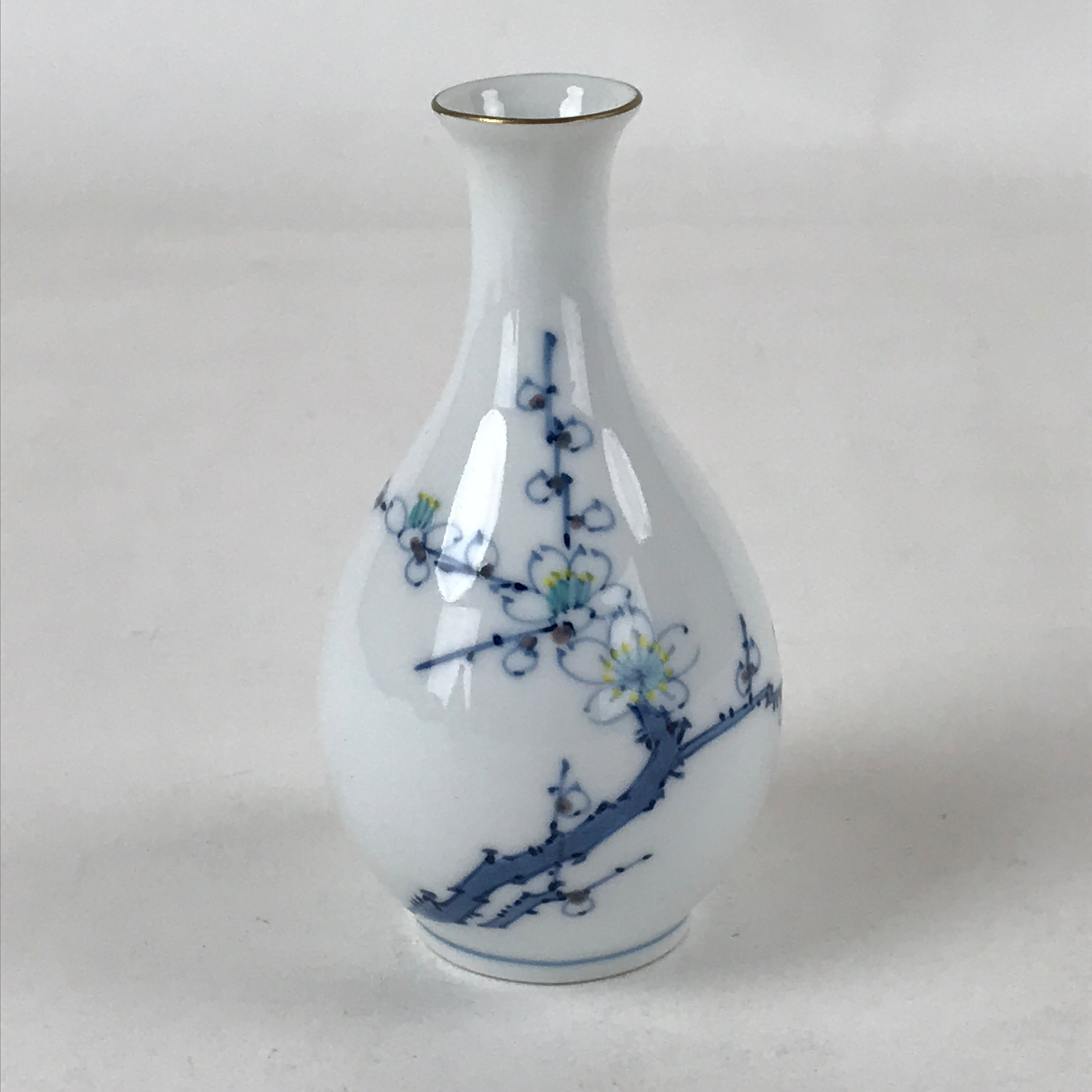 Japanese Sake Bottle Porcelain Tokkuri Vtg Cherry Blossoms White Blue TS596