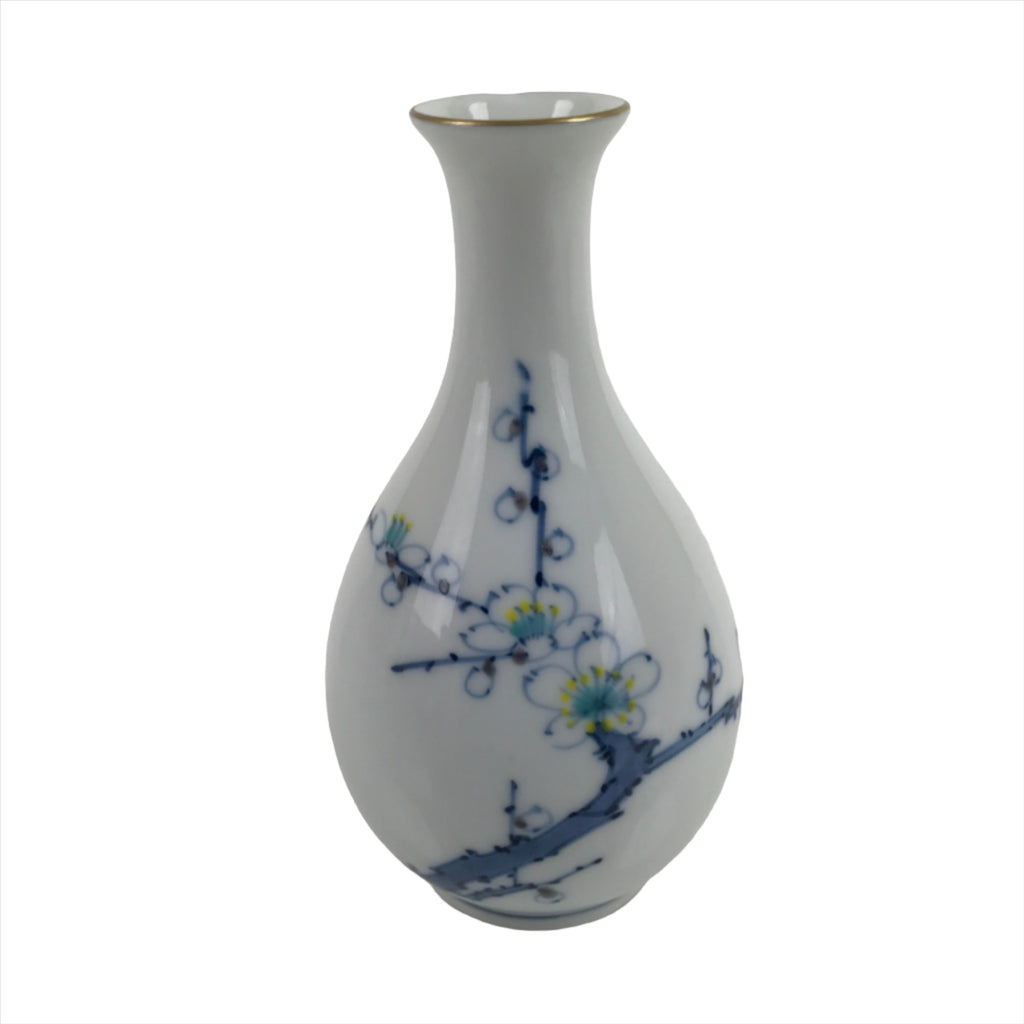 Japanese Sake Bottle Porcelain Tokkuri Vtg Cherry Blossoms White Blue TS682