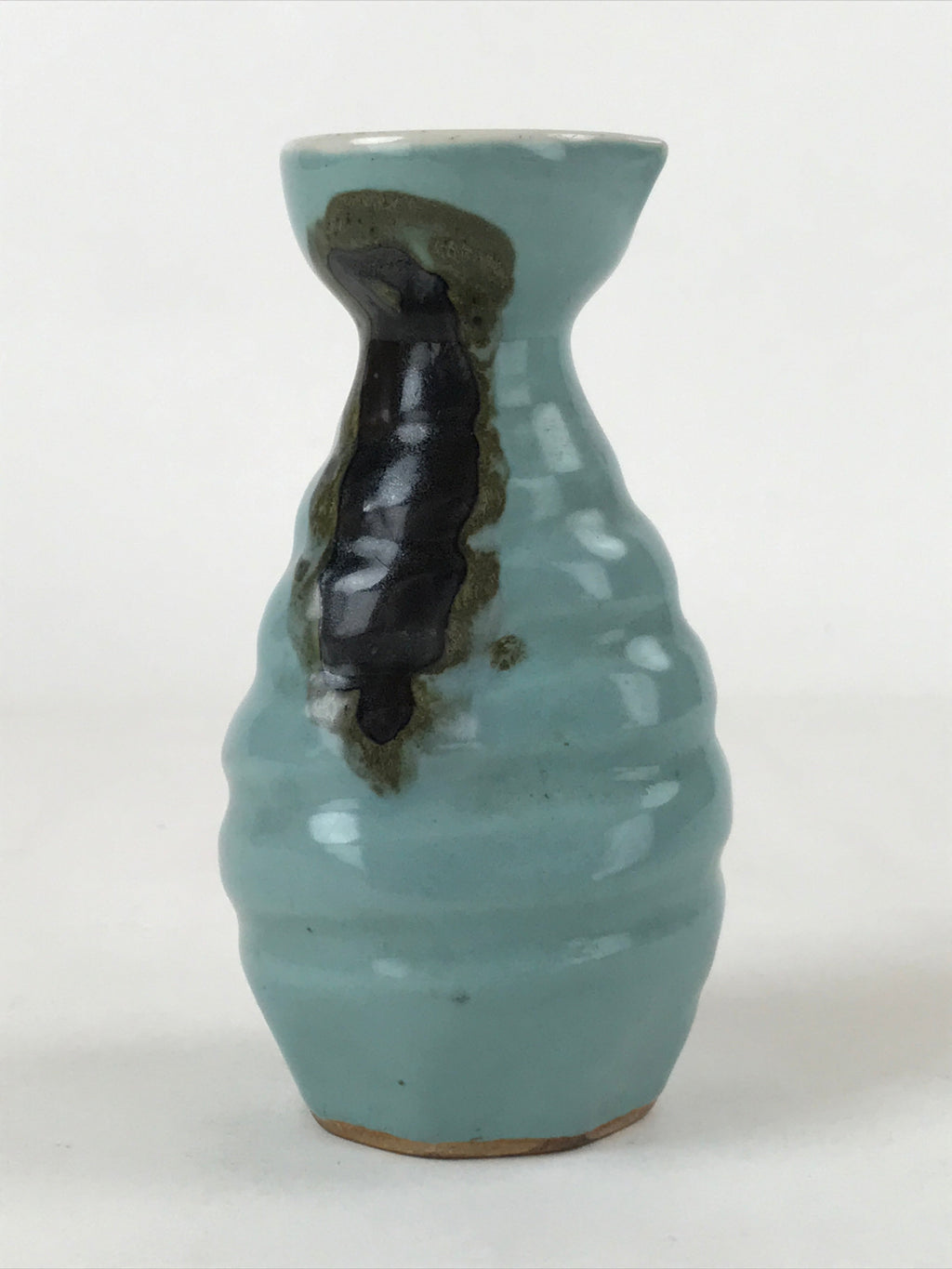 Japanese Sake Bottle Porcelain Tokkuri Vtg Ichi-Go Brown Streak Light Blue TS617