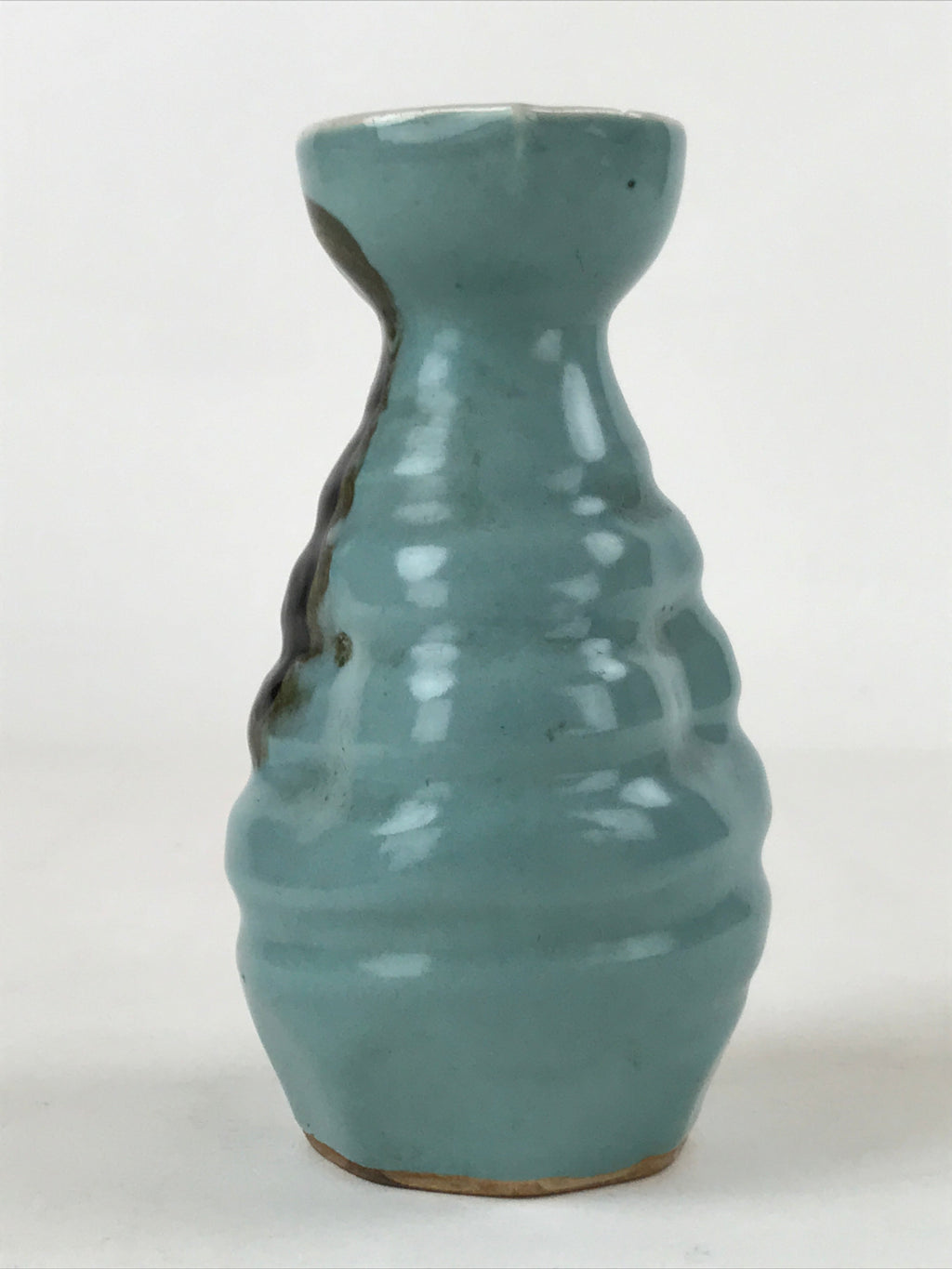 Japanese Sake Bottle Porcelain Tokkuri Vtg Ichi-Go Brown Streak Light Blue TS617