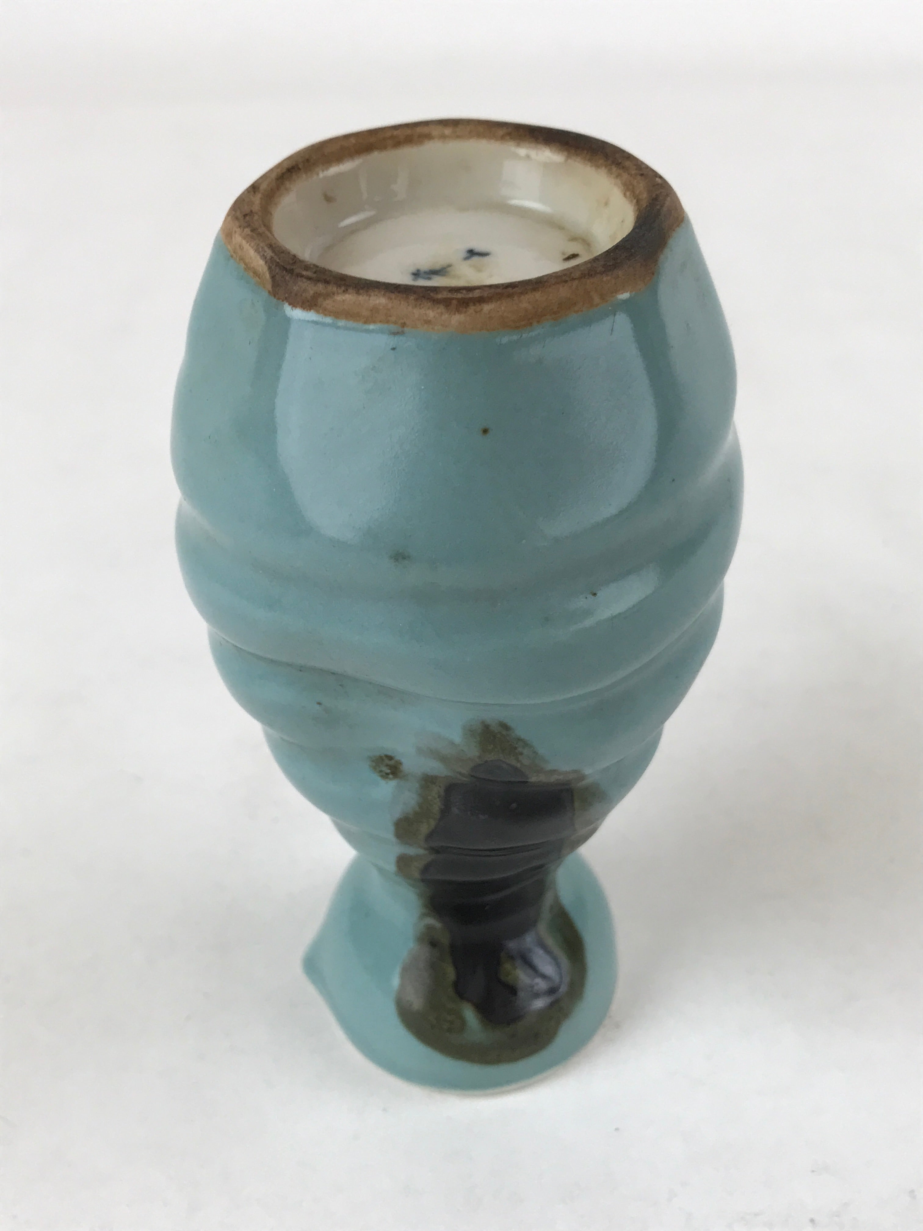 Japanese Sake Bottle Porcelain Tokkuri Vtg Ichi-Go Brown Streak Light Blue TS617