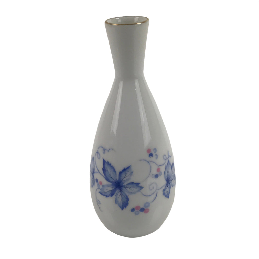 Japanese Sake Bottle Porcelain Tokkuri Vtg Ichi-Go Grapes Leaves Blue Pink TS685