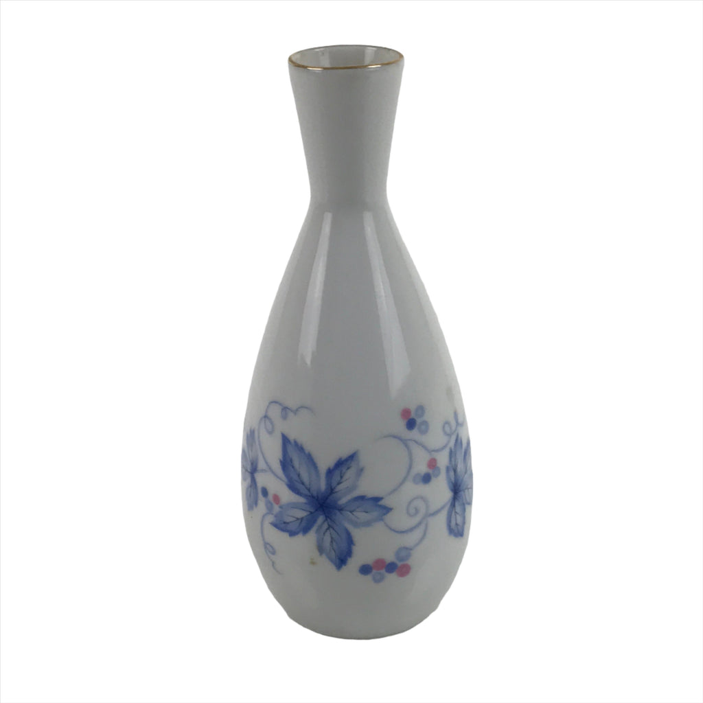 Japanese Sake Bottle Porcelain Tokkuri Vtg Ichi-Go Grapes Leaves Blue Pink TS686