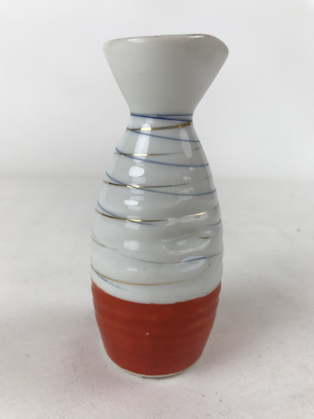 Japanese Sake Bottle Porcelain Tokkuri Vtg Ichi-Go Line Design White Red TS619