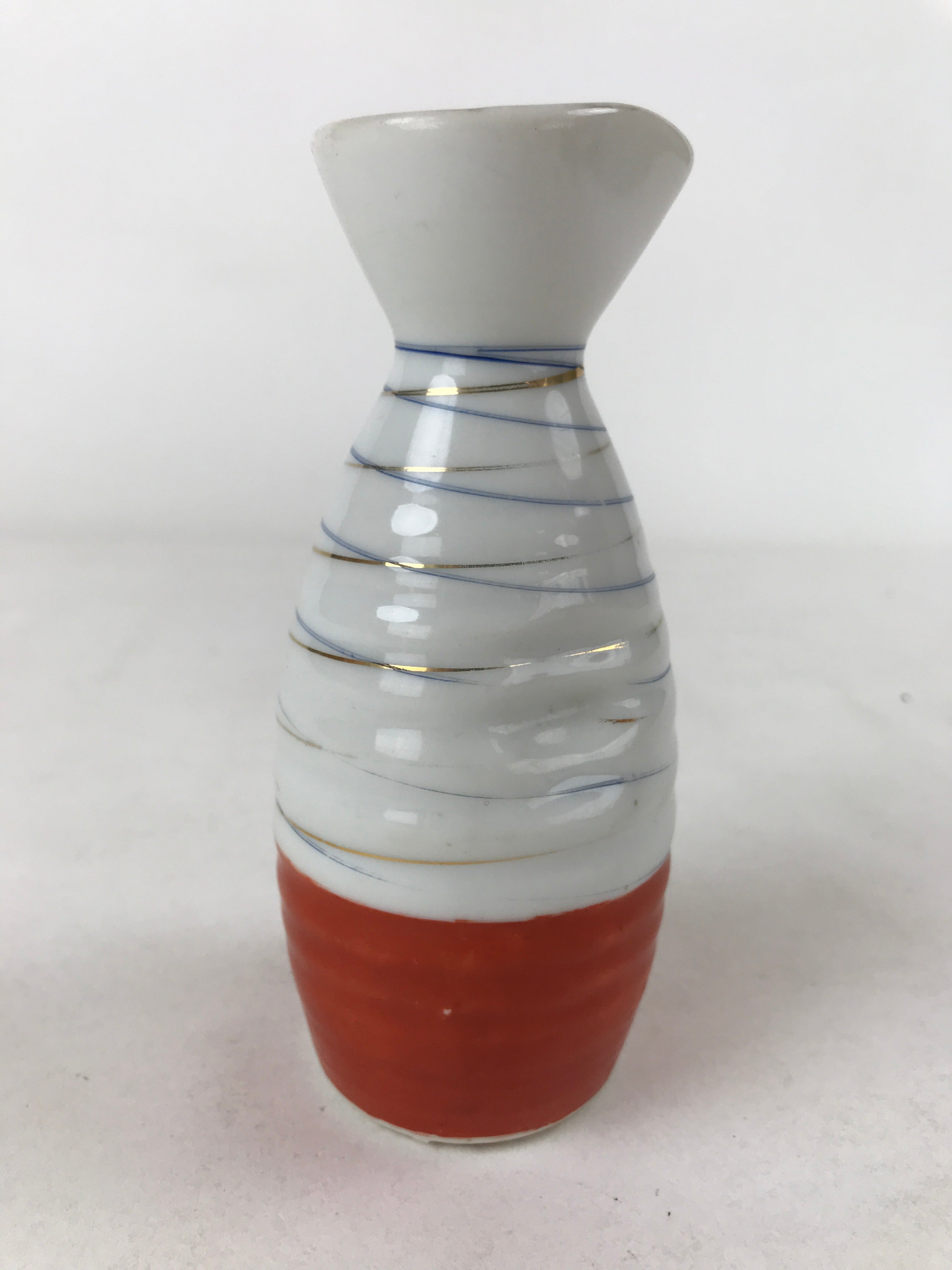 Japanese Sake Bottle Porcelain Tokkuri Vtg Ichi-Go Line Design White Red TS619