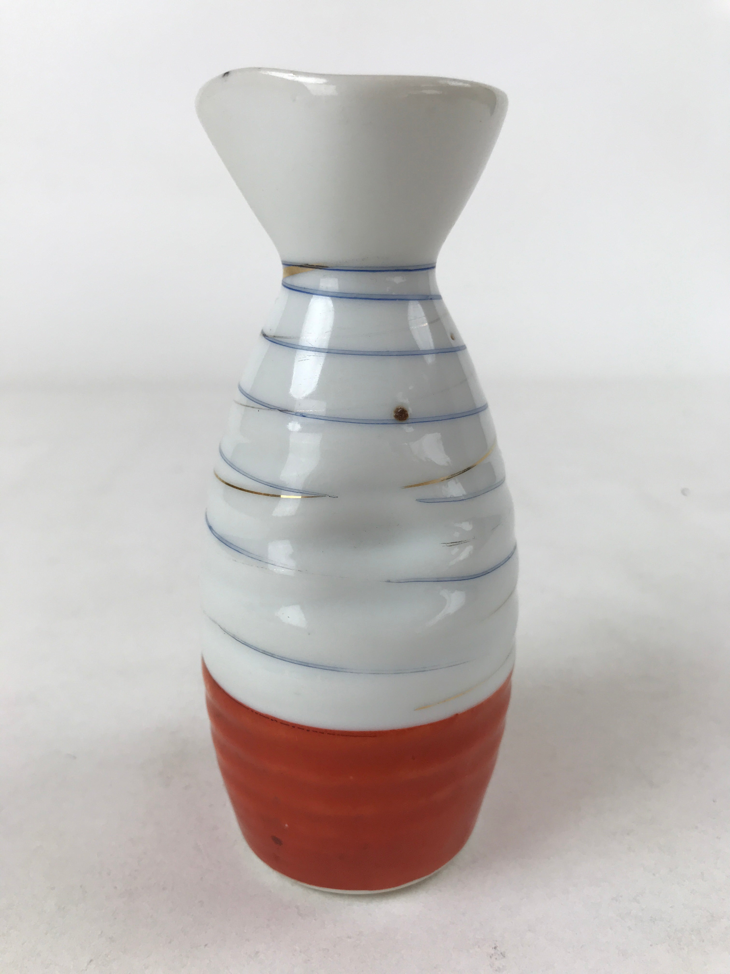Japanese Sake Bottle Porcelain Tokkuri Vtg Ichi-Go Line Design White Red TS619