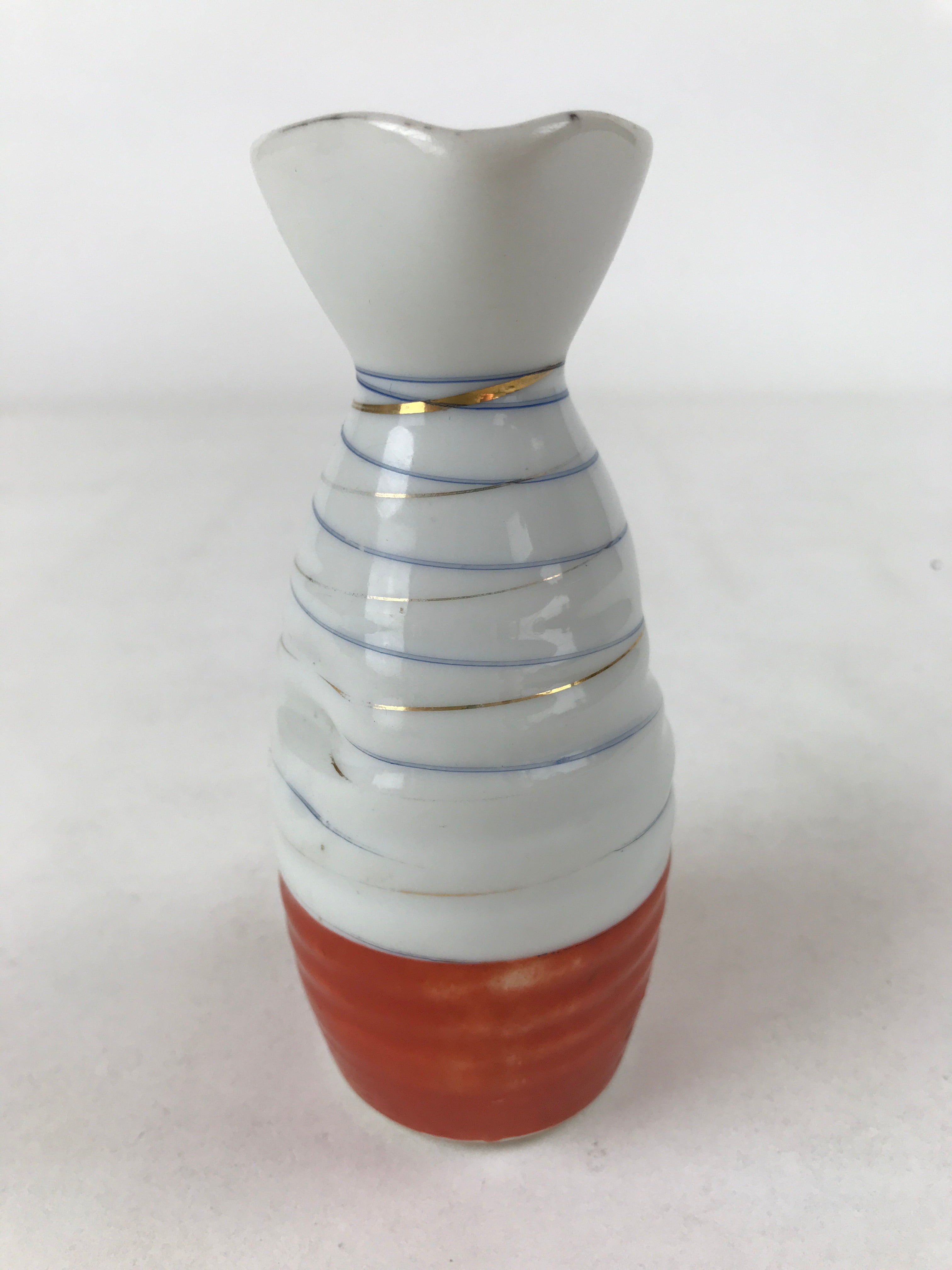 Japanese Sake Bottle Porcelain Tokkuri Vtg Ichi-Go Line Design White Red TS619
