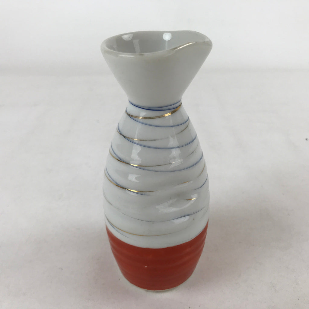 Japanese Sake Bottle Porcelain Tokkuri Vtg Ichi-Go Line Design White Red TS619