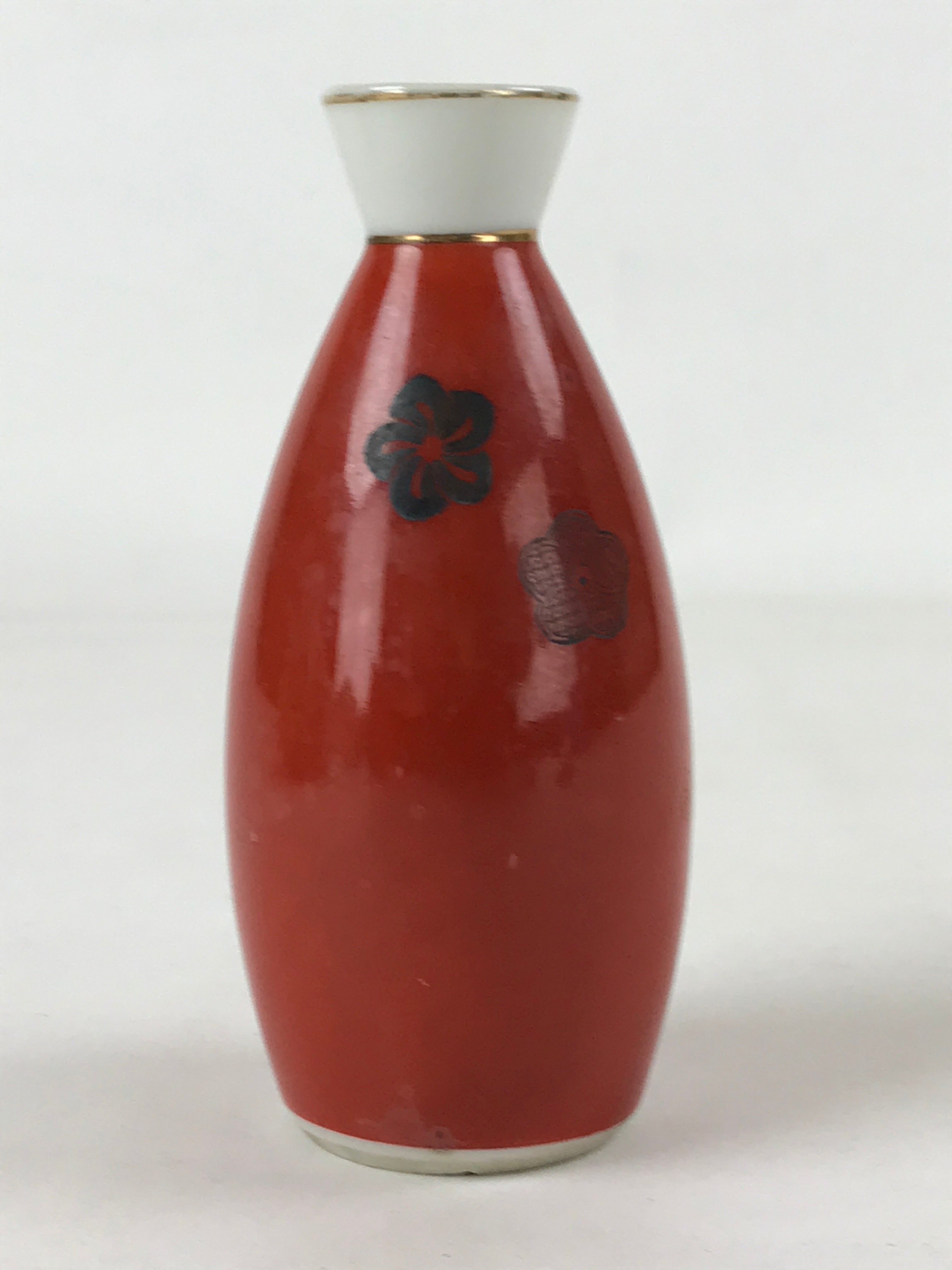 Japanese Sake Bottle Porcelain Tokkuri Vtg Solid Red Ume Plum Blossom TS607