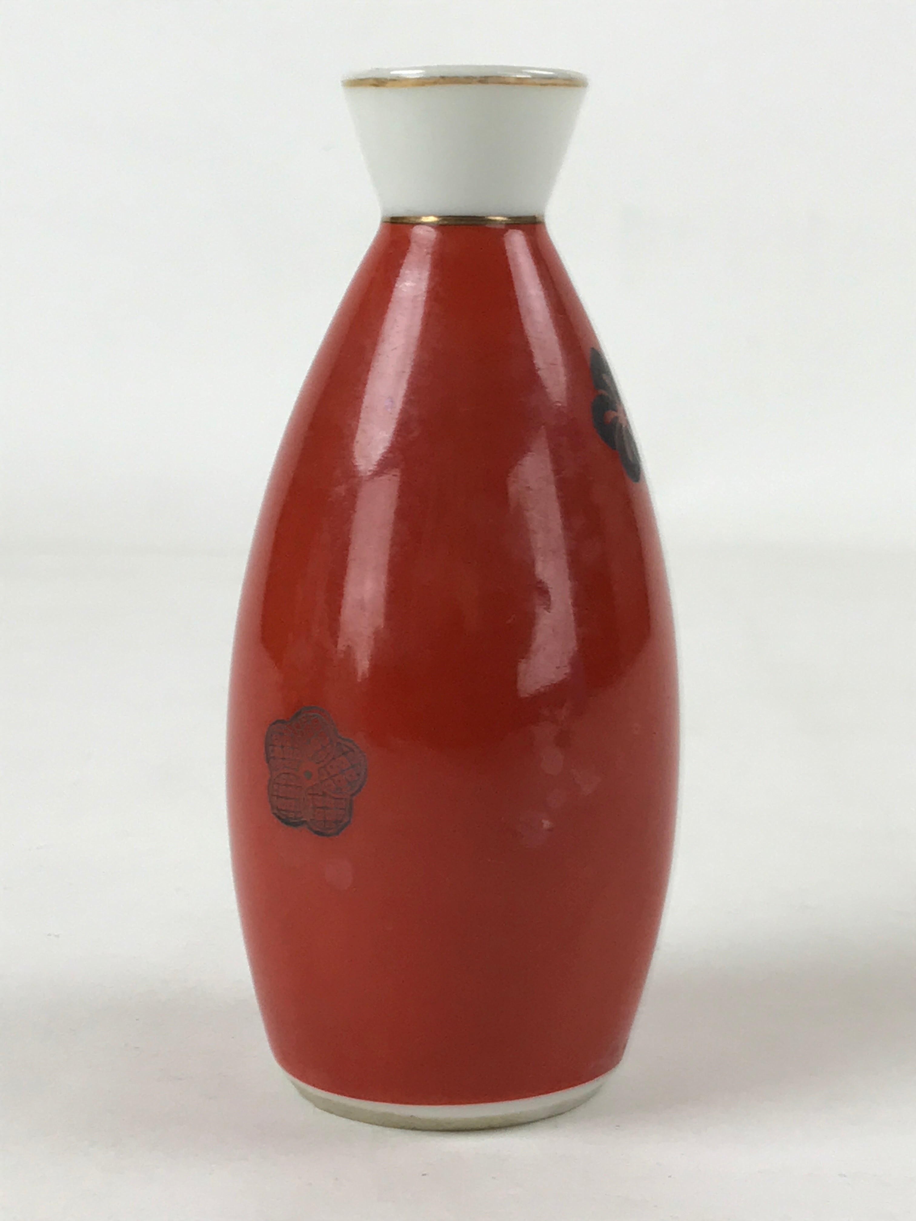 Japanese Sake Bottle Porcelain Tokkuri Vtg Solid Red Ume Plum Blossom TS607