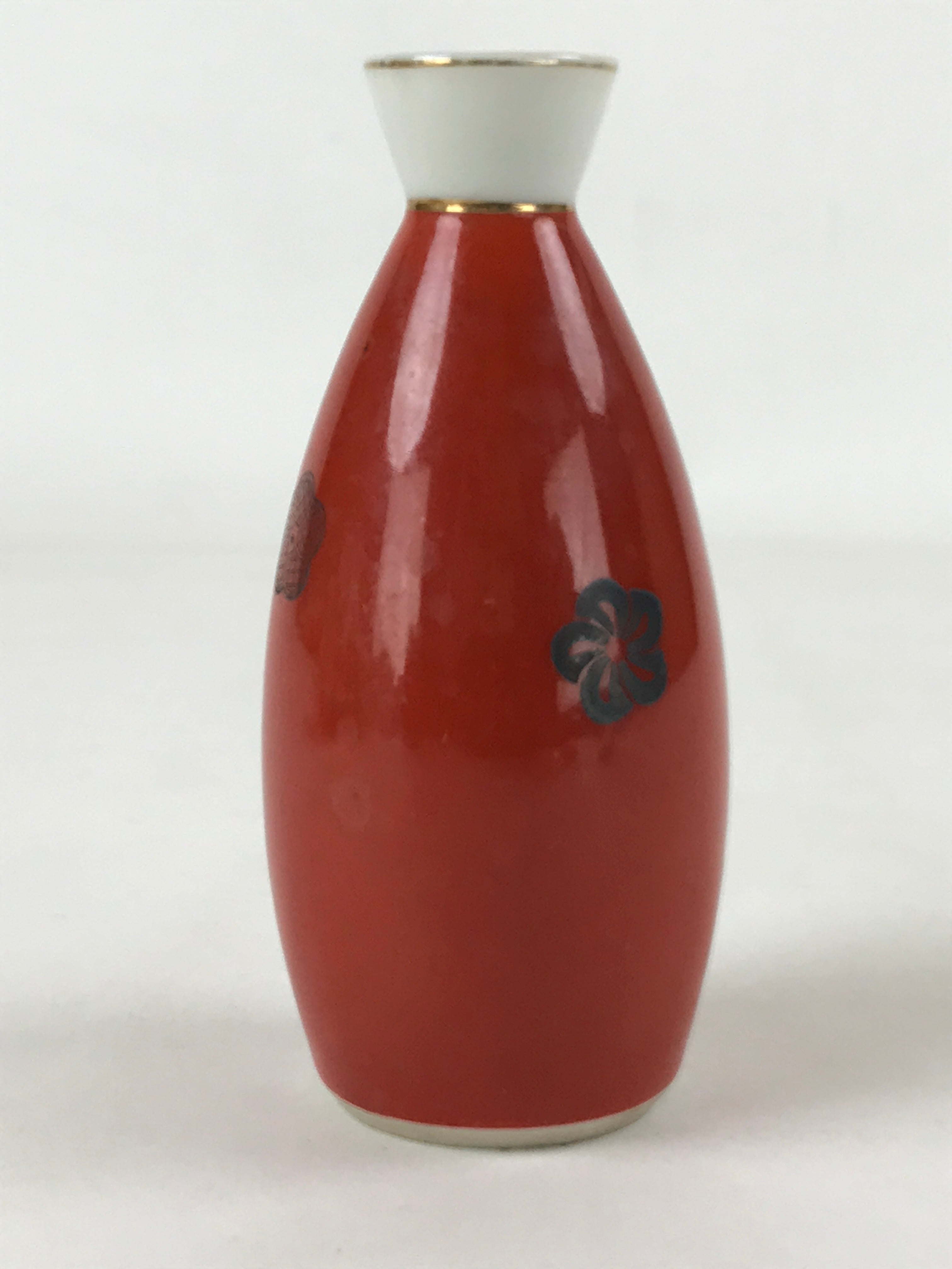 Japanese Sake Bottle Porcelain Tokkuri Vtg Solid Red Ume Plum Blossom TS607