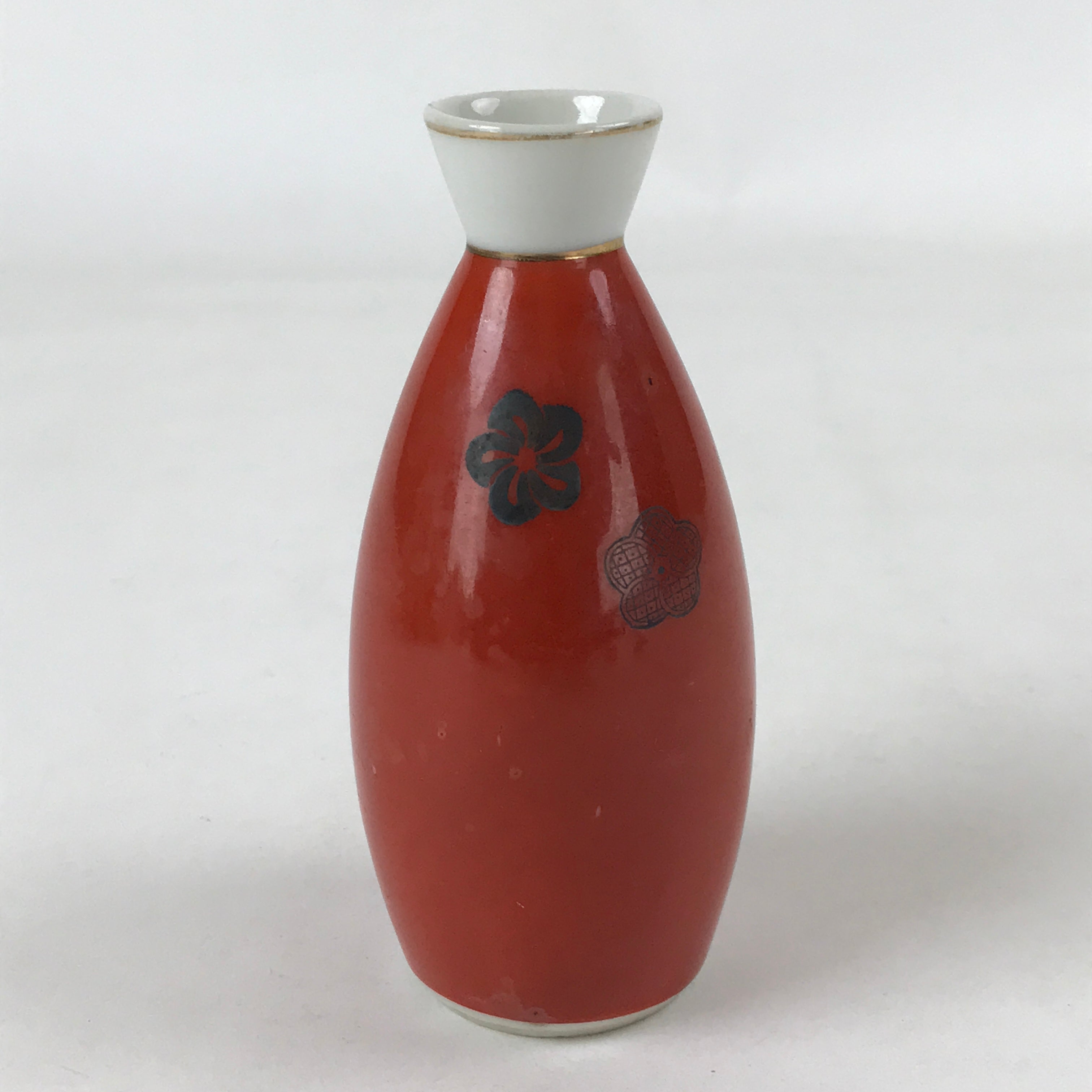 Japanese Sake Bottle Porcelain Tokkuri Vtg Solid Red Ume Plum Blossom TS607