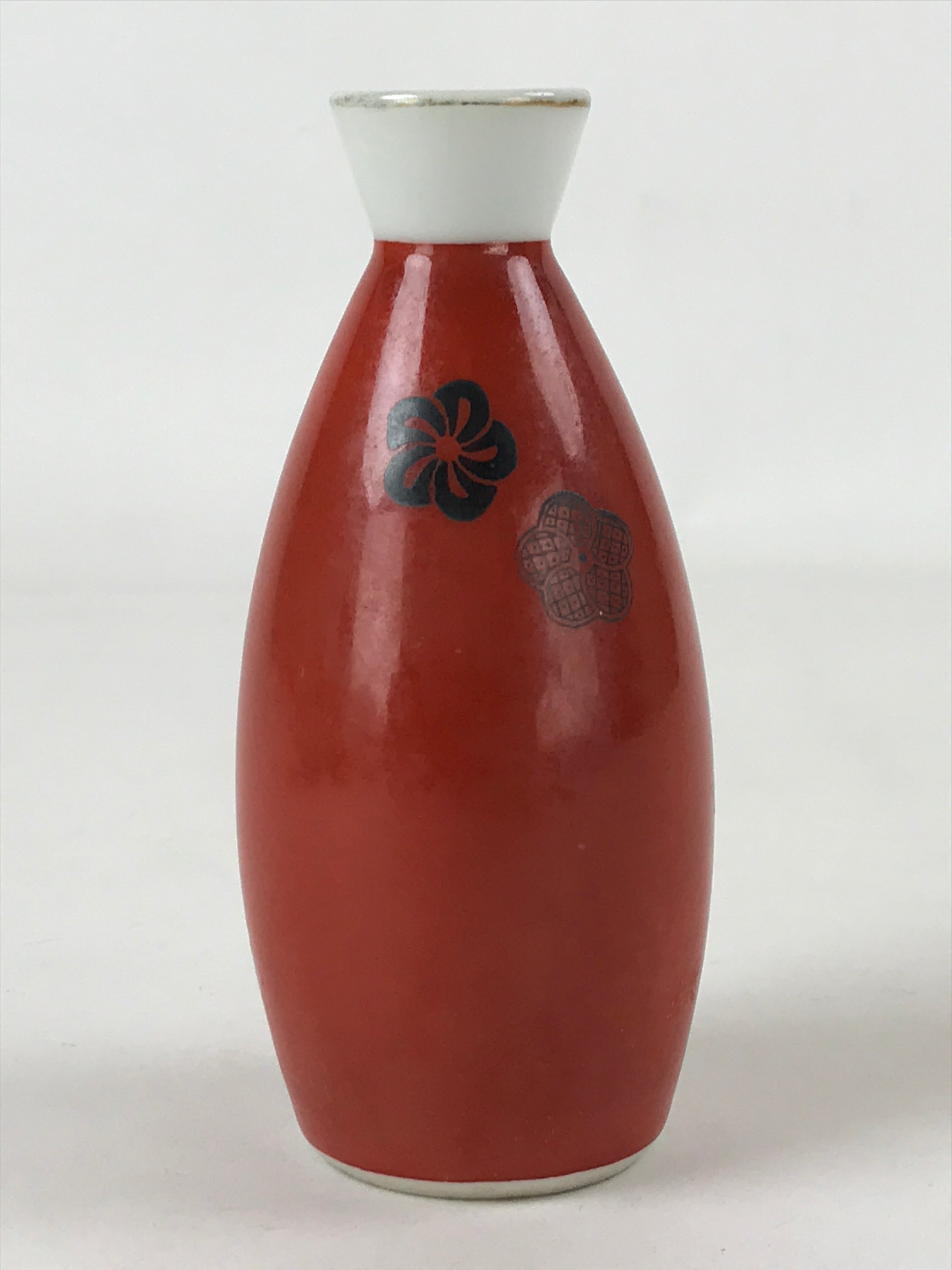 Japanese Sake Bottle Porcelain Tokkuri Vtg Solid Red Ume Plum Blossom TS608
