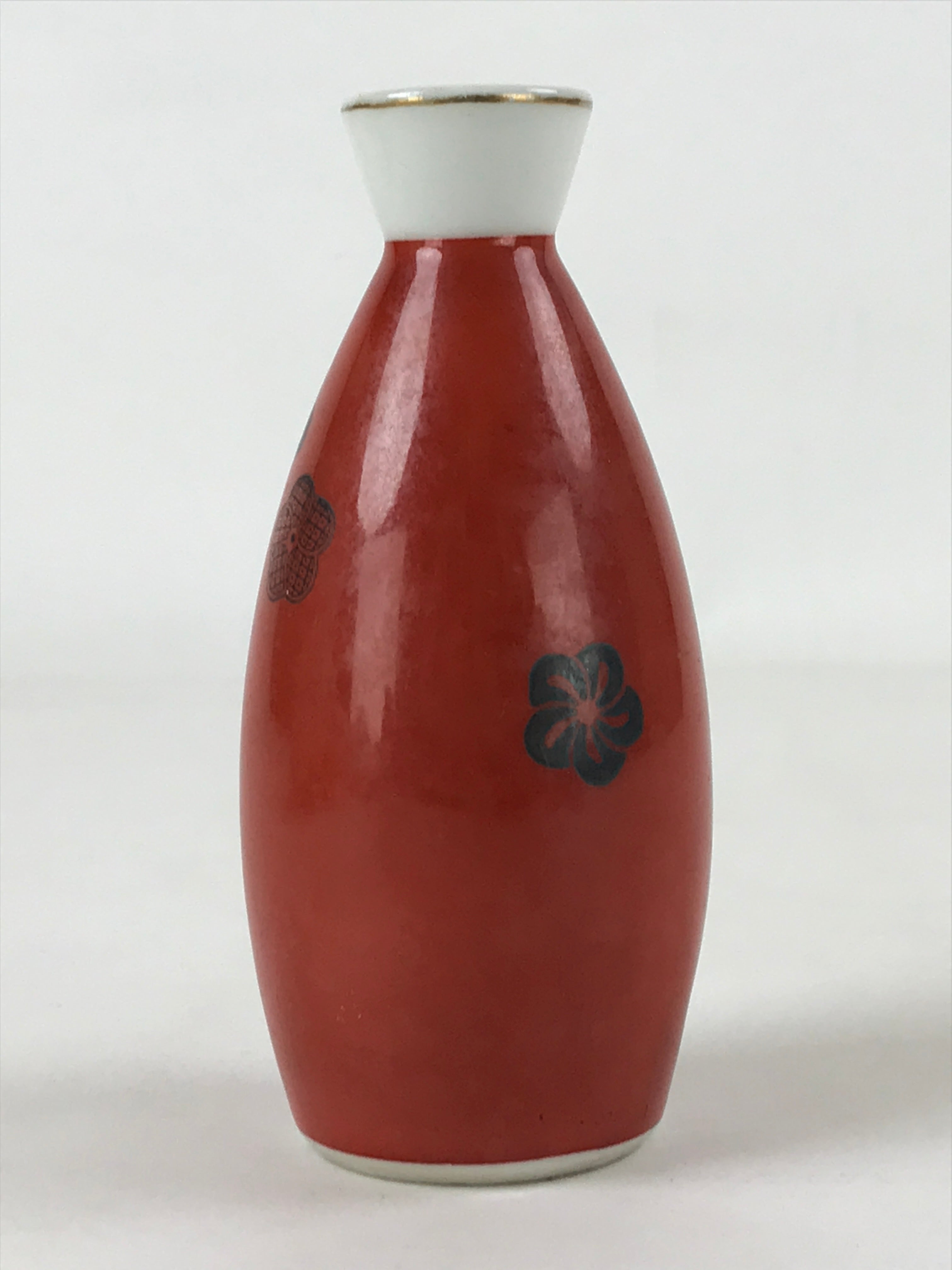 Japanese Sake Bottle Porcelain Tokkuri Vtg Solid Red Ume Plum Blossom TS608