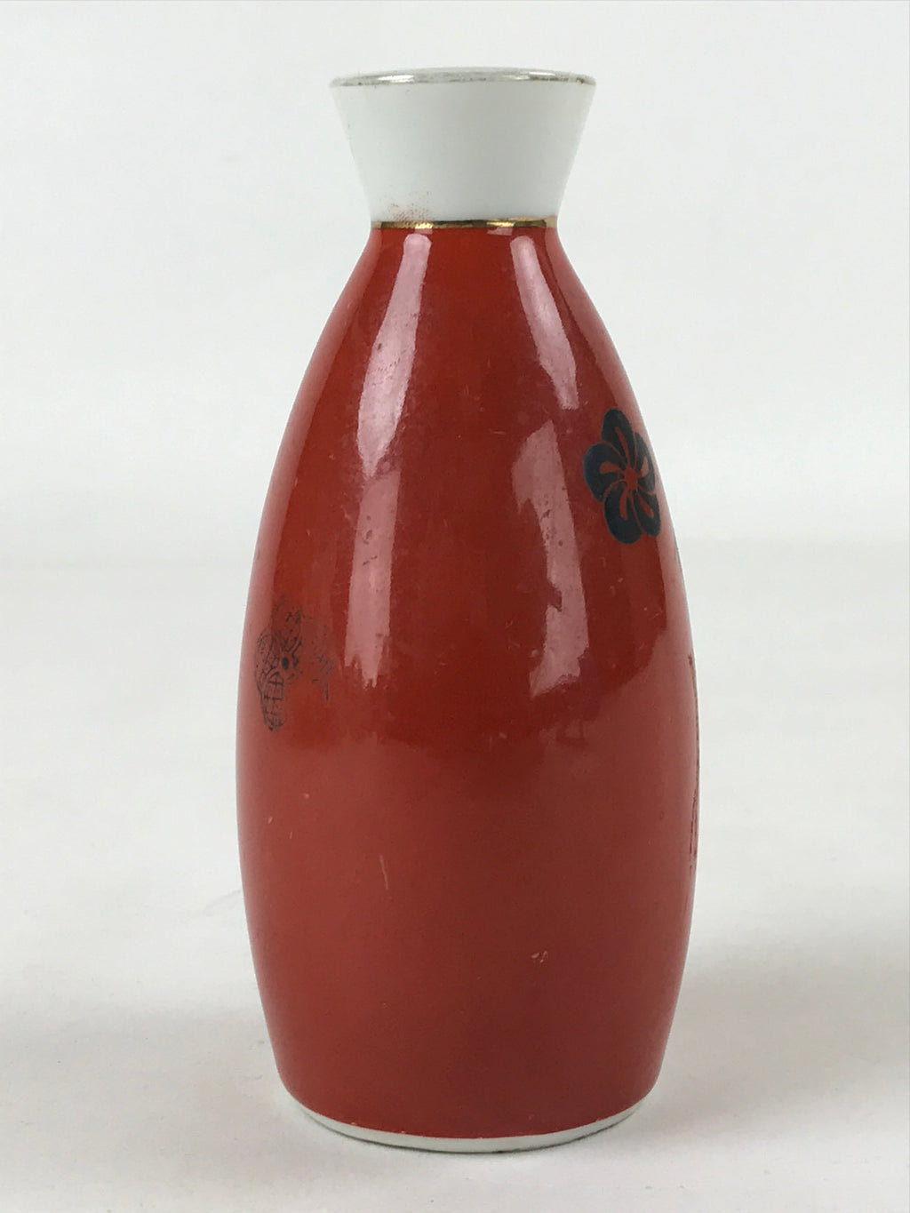 Japanese Sake Bottle Porcelain Tokkuri Vtg Solid Red Ume Plum Blossom TS609
