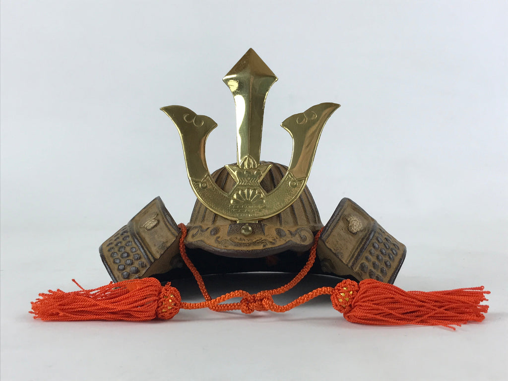Japanese Samurai Helmet Kabuto Vtg Boy's Festival Armor Decoration Gold Brown ID