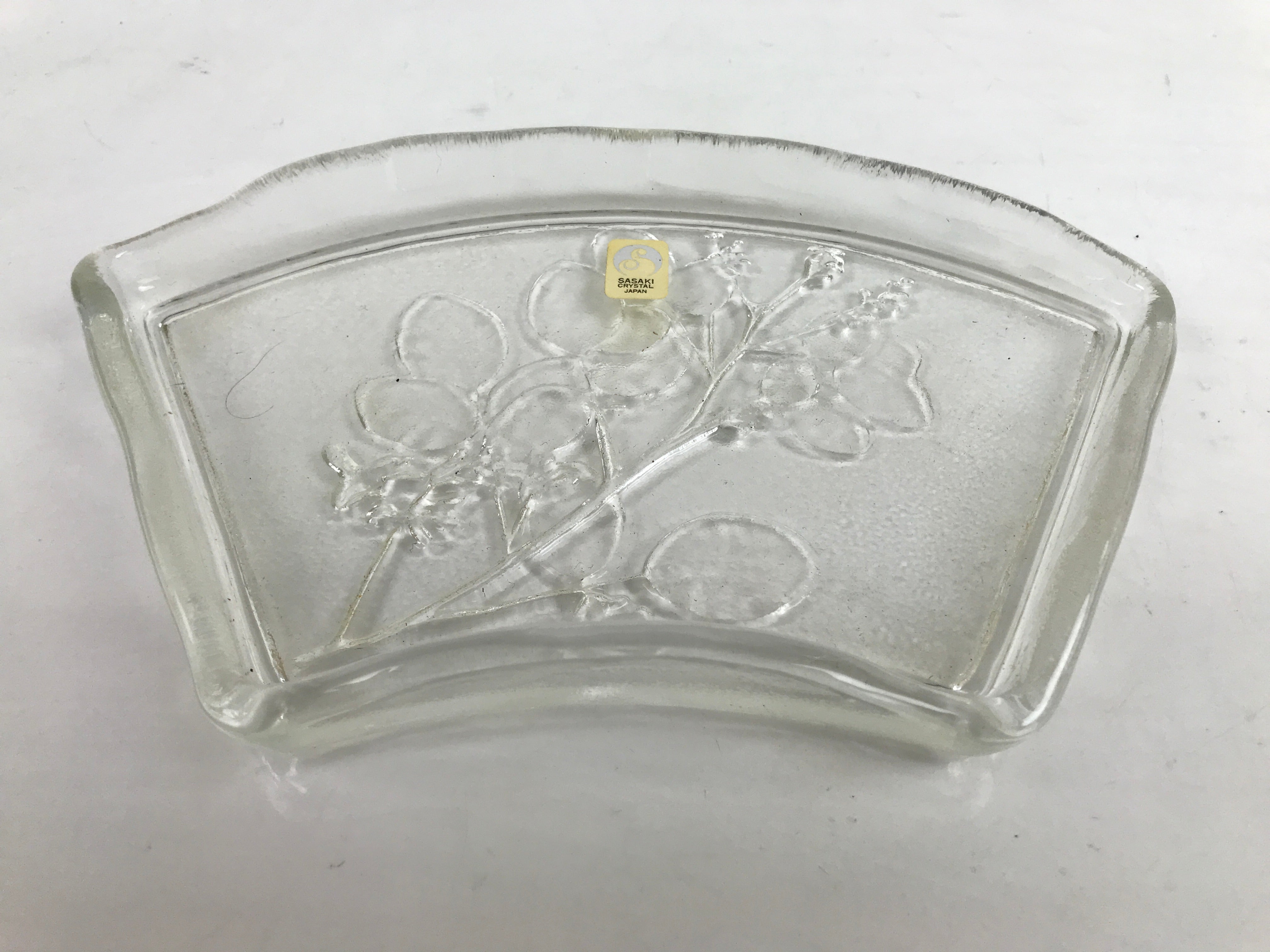 Japanese Sasaki Crystal Glass Sashimi Plate Kozara Vtg Fan Shape Plant Clear Y80