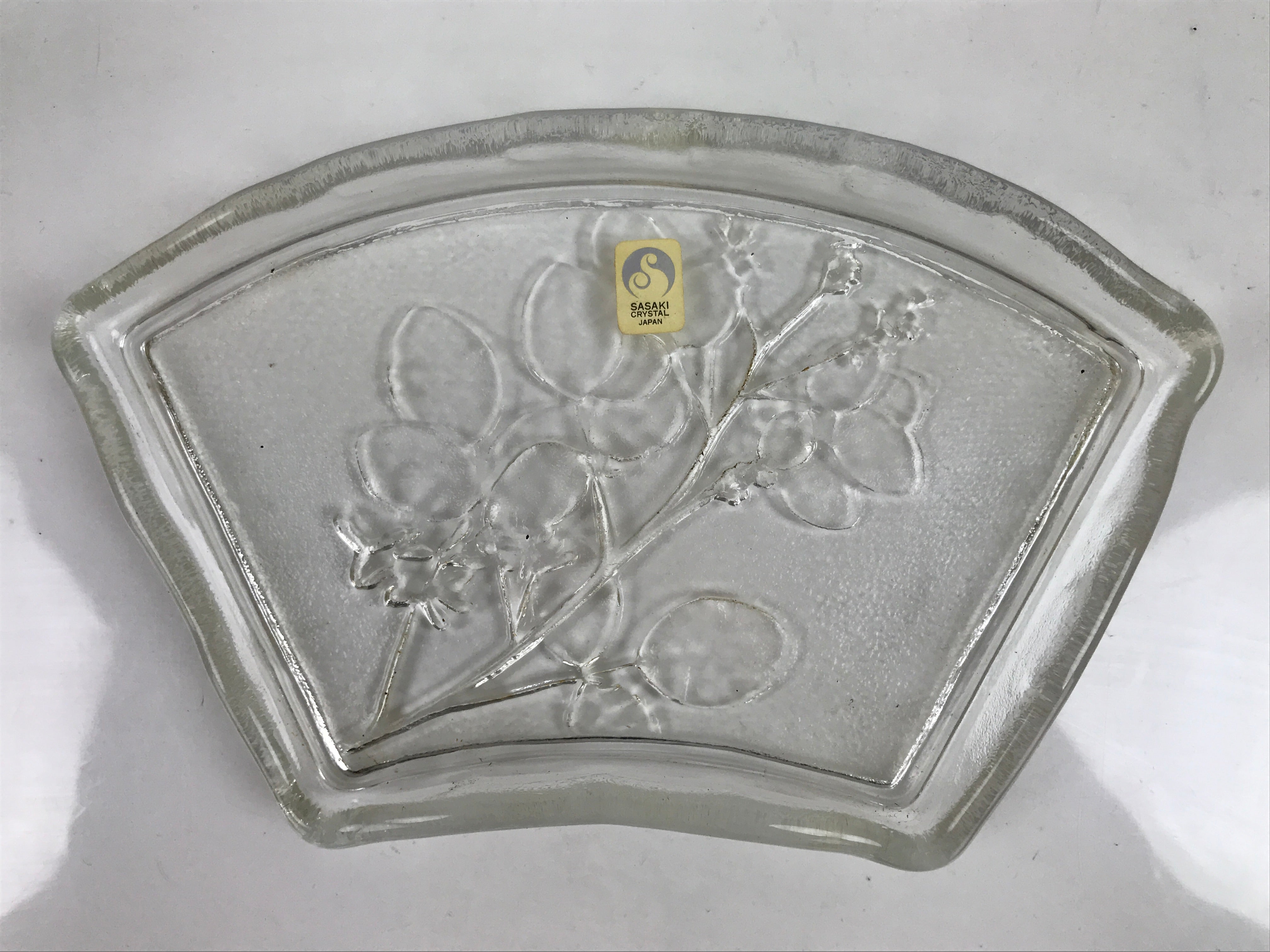 Japanese Sasaki Crystal Glass Sashimi Plate Kozara Vtg Fan Shape Plant Clear Y81