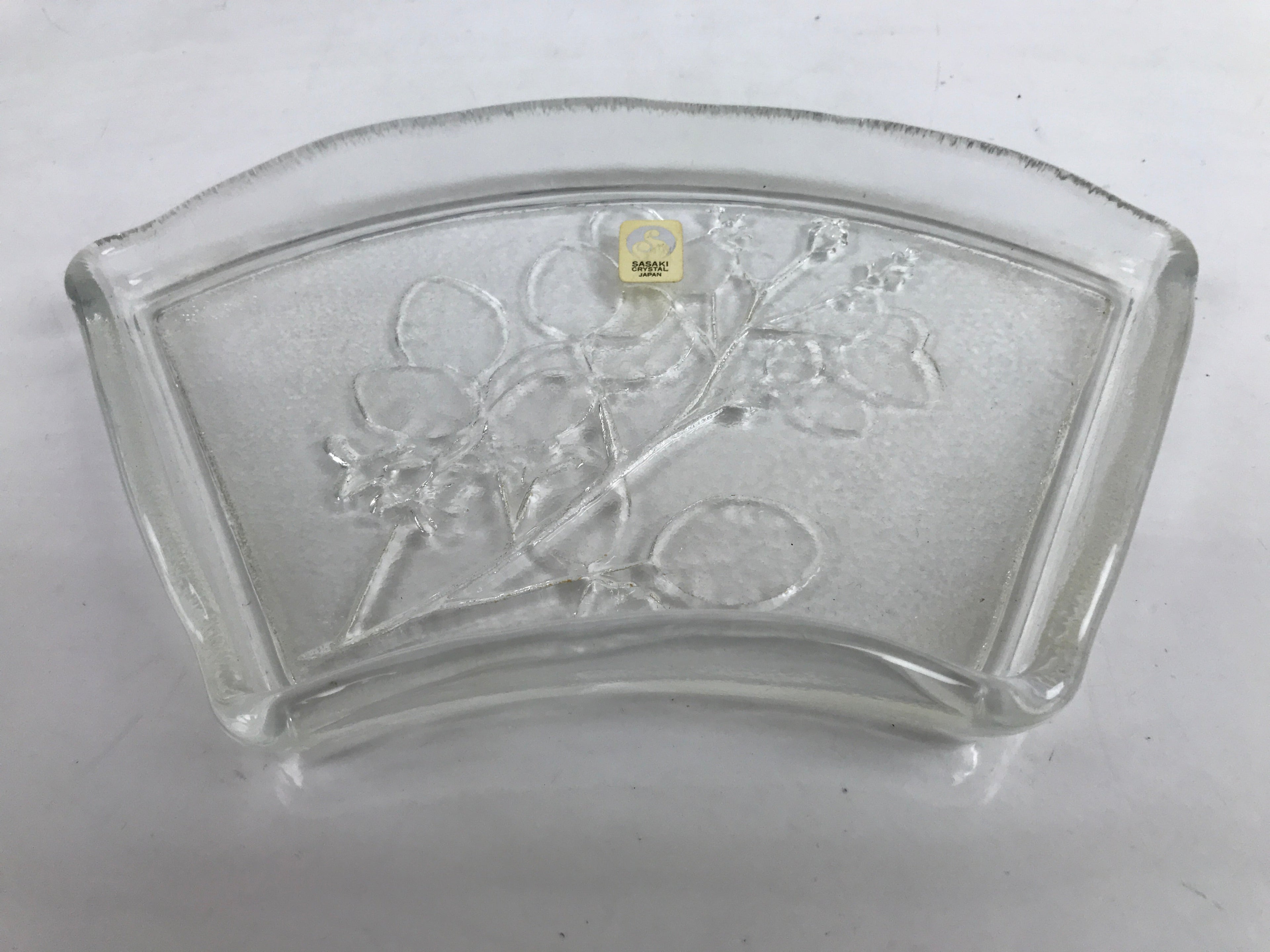 Japanese Sasaki Crystal Glass Sashimi Plate Kozara Vtg Fan Shape Plant Clear Y86
