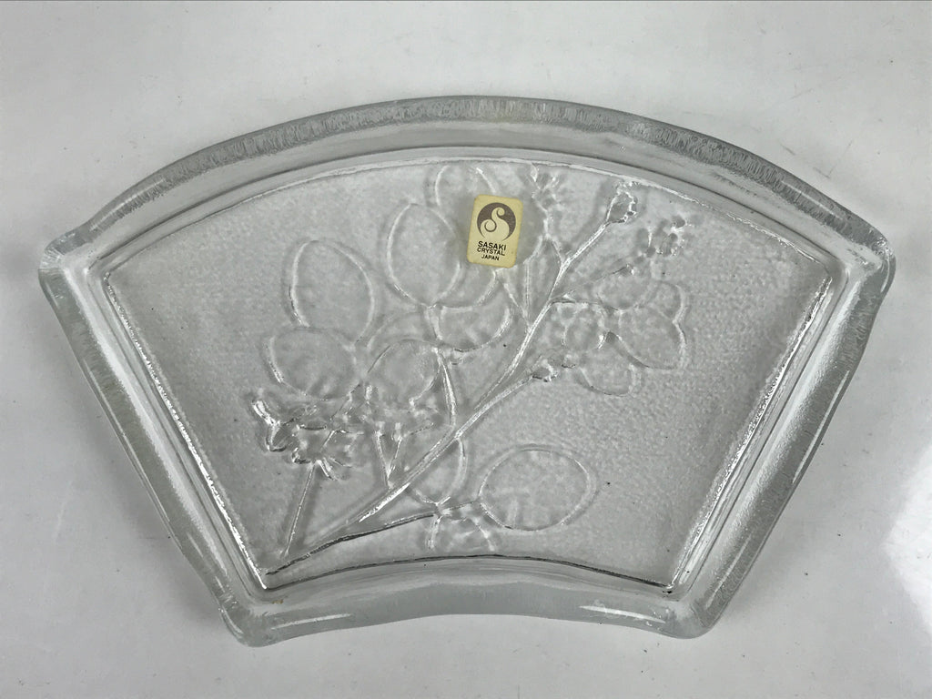 Japanese Sasaki Crystal Glass Sashimi Plate Kozara Vtg Fan Shape Plant Clear Y91