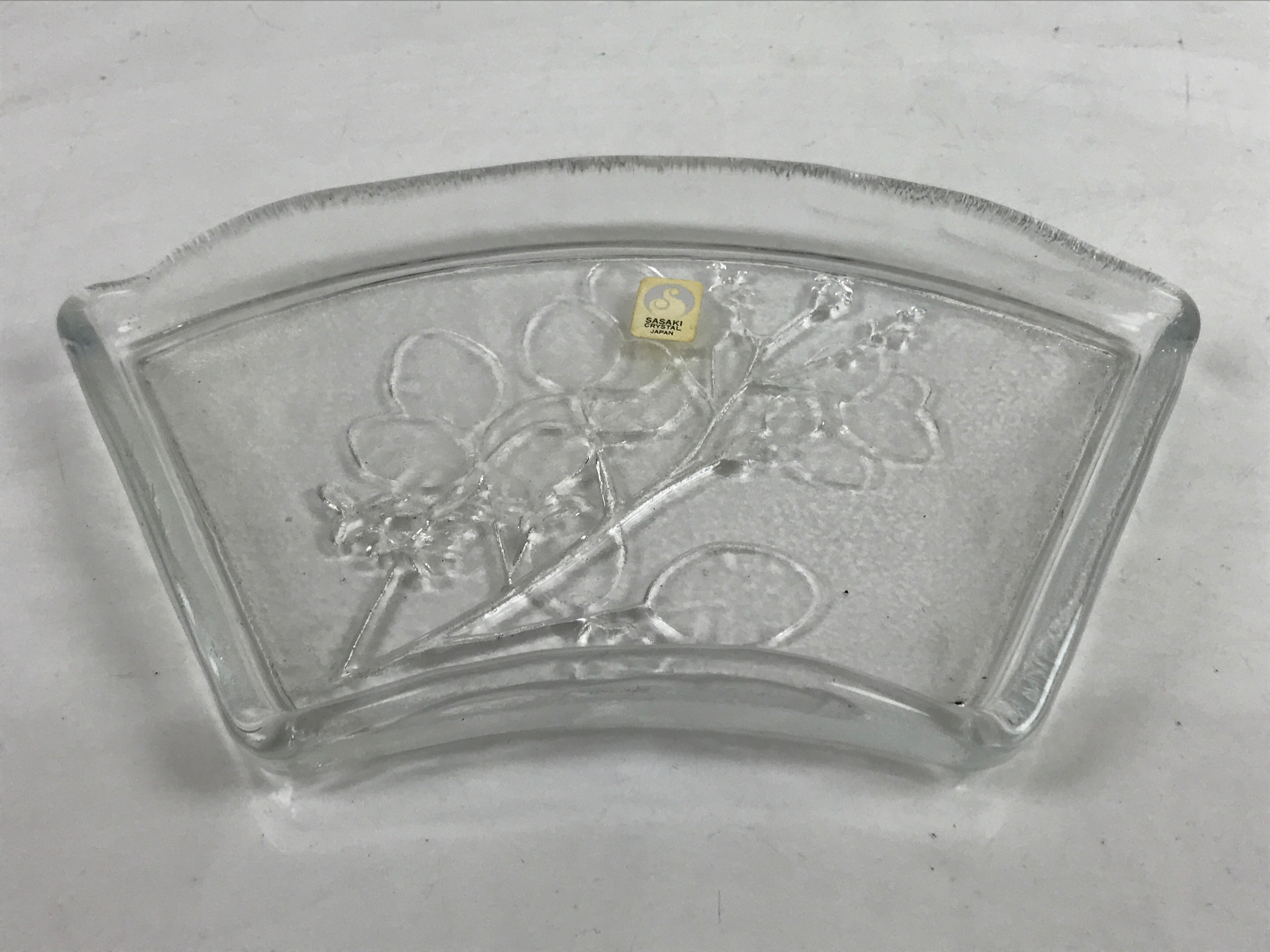 Japanese Sasaki Crystal Glass Sashimi Plate Kozara Vtg Fan Shape Plant Clear Y91