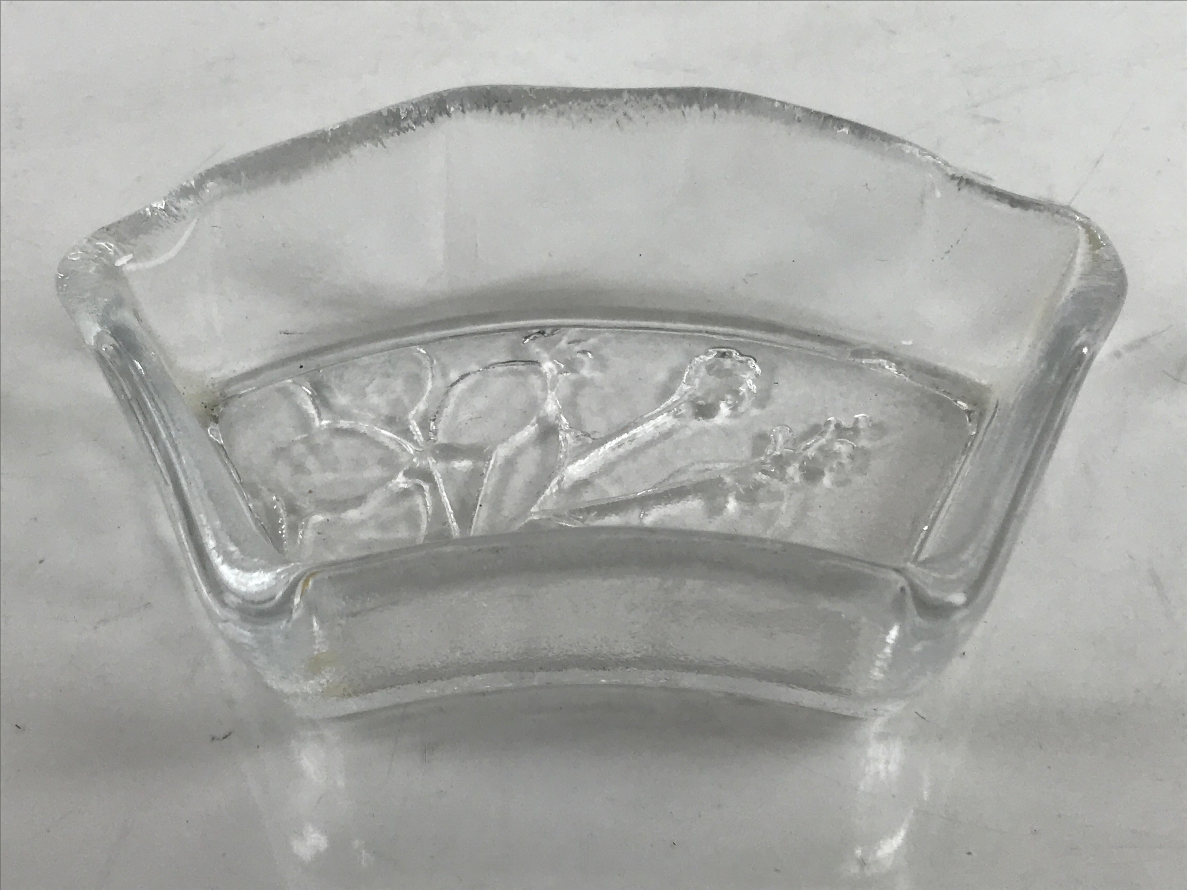 Japanese Sasaki Crystal Glass Small Serving Dish Vtg Fan Shape Plant Clear Y77