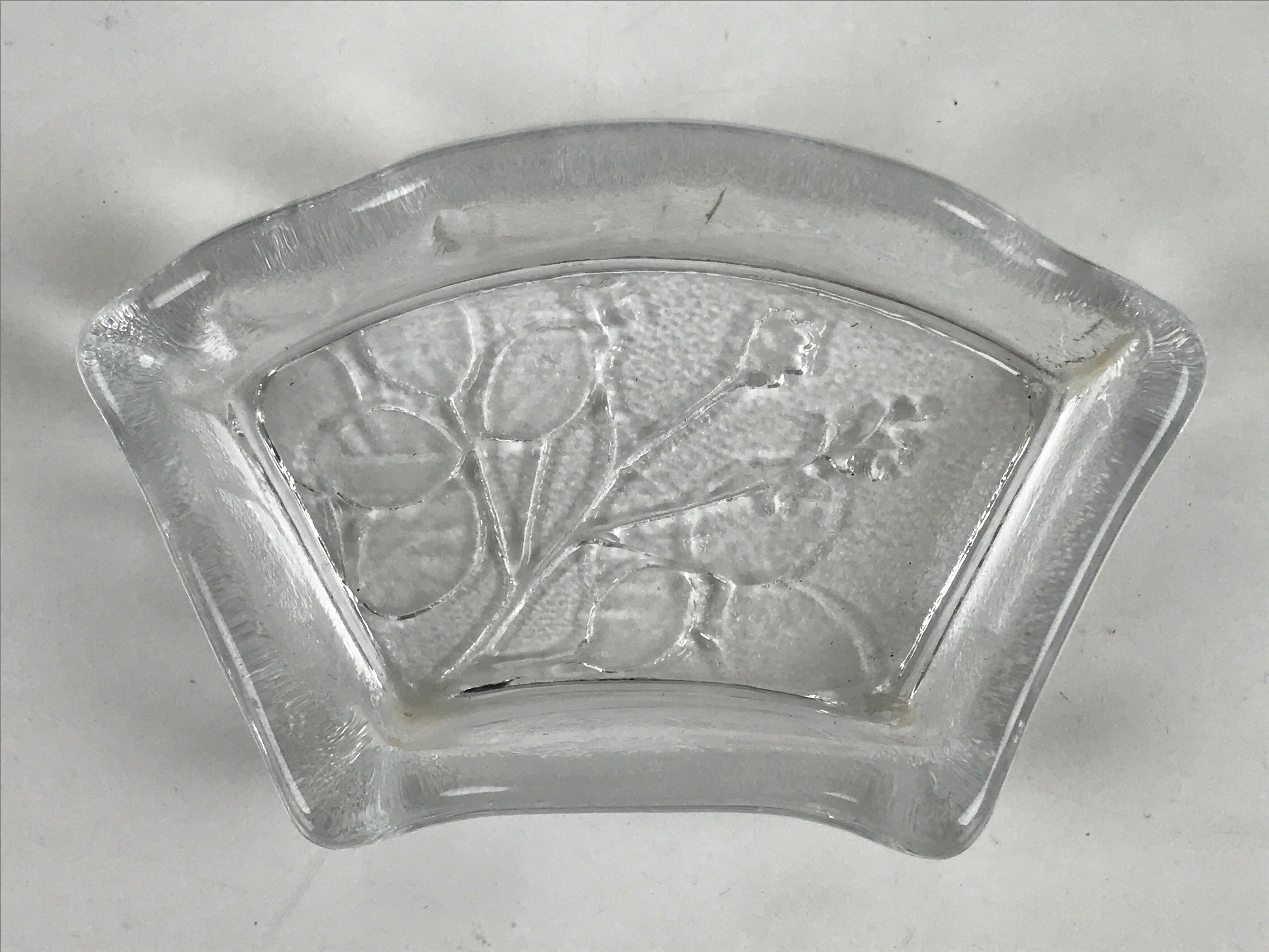 Japanese Sasaki Crystal Glass Small Serving Dish Vtg Fan Shape Plant Clear Y78