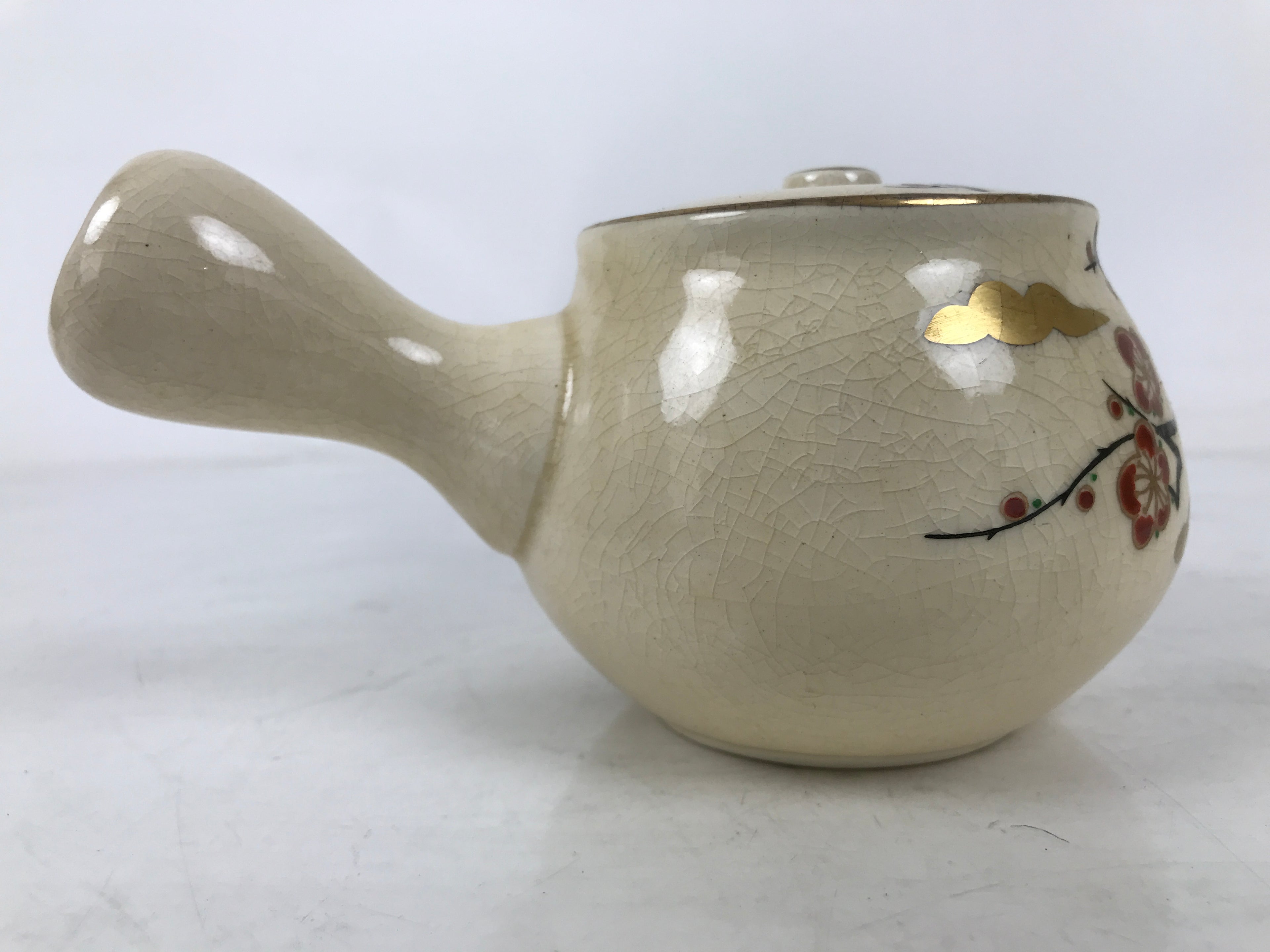 Japanese Satsuma Porcelain Lidded Teapot Vtg Kyusu Yokode Plum Beige Red Y336
