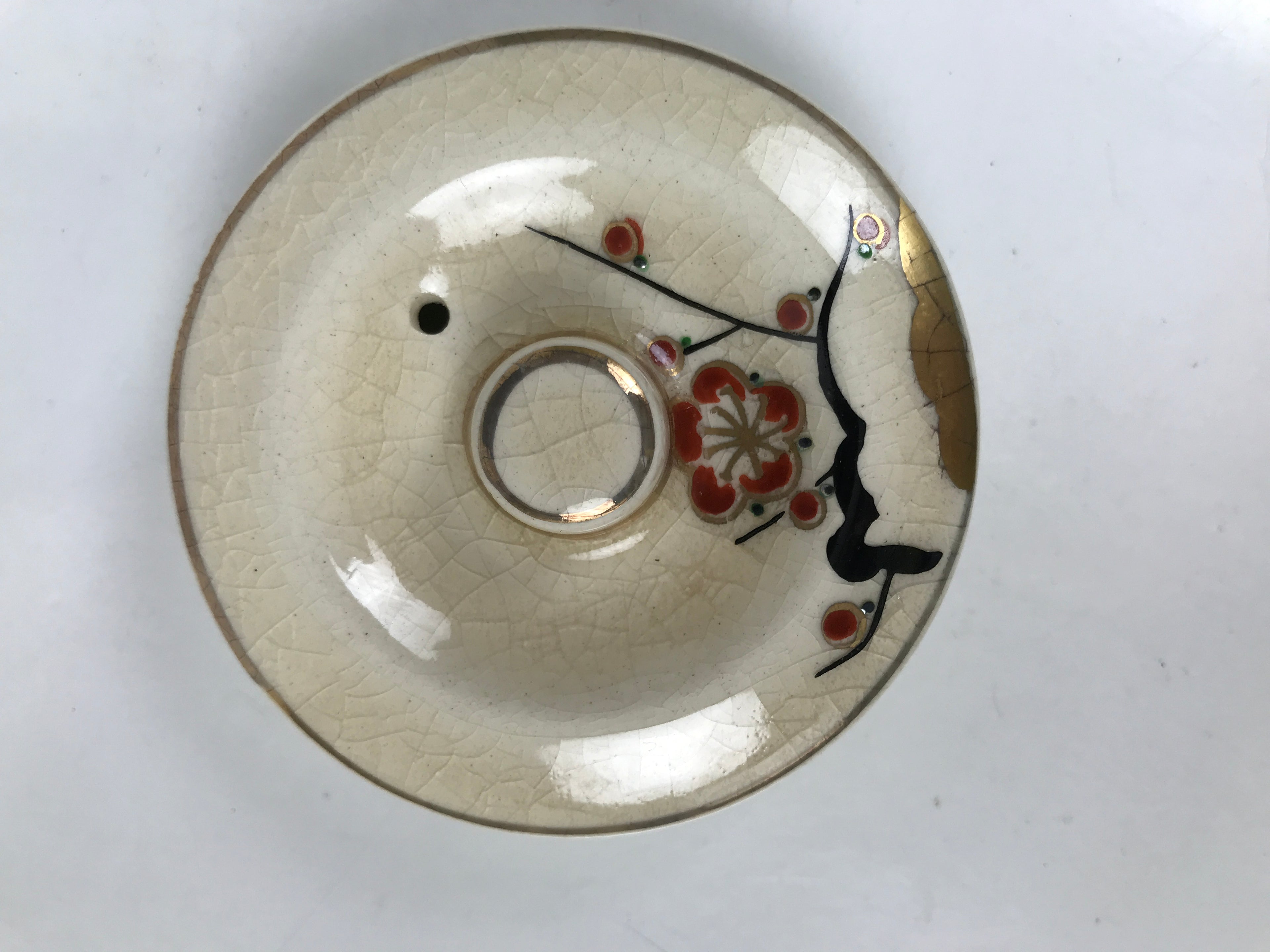 Japanese Satsuma Porcelain Lidded Teapot Vtg Kyusu Yokode Plum Beige Red Y336