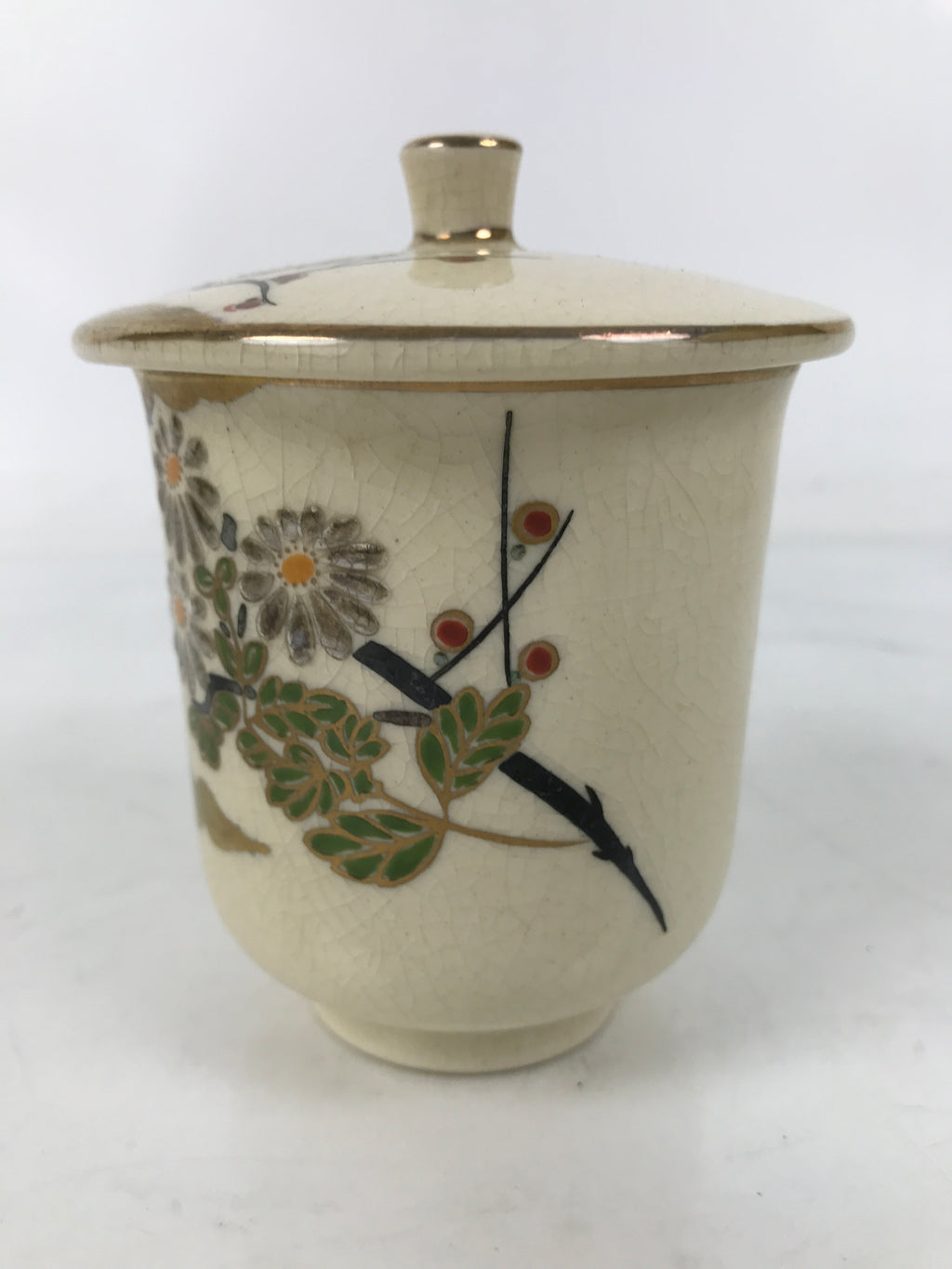 Japanese Satsuma Ware Porcelain Lidded Teacup Vtg Plum Blossom Red Beige TC566