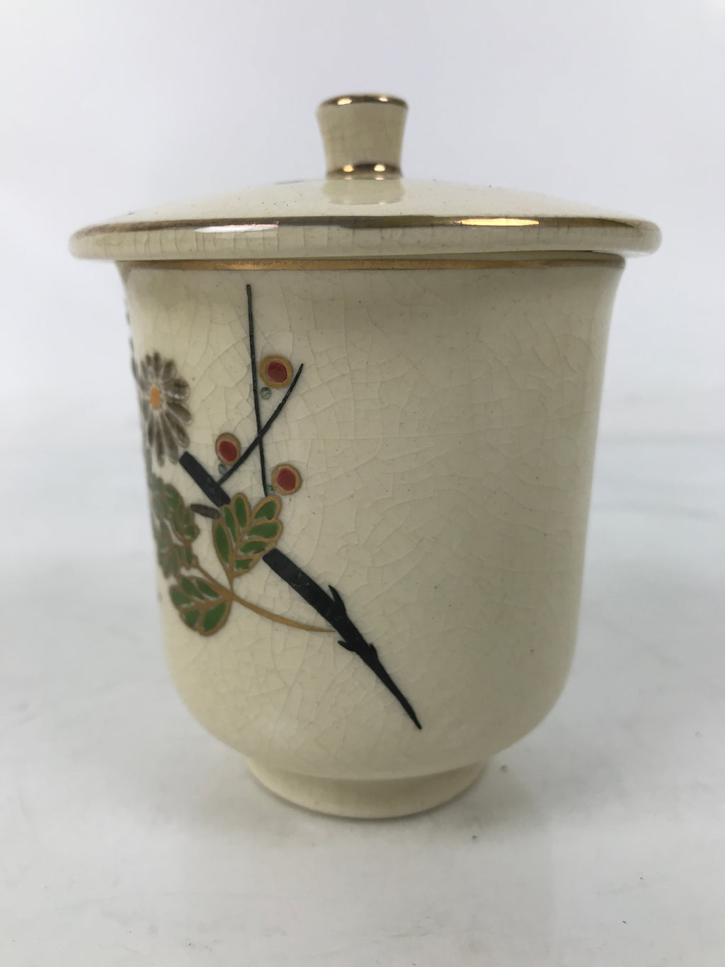 Japanese Satsuma Ware Porcelain Lidded Teacup Vtg Plum Blossom Red Beige TC566