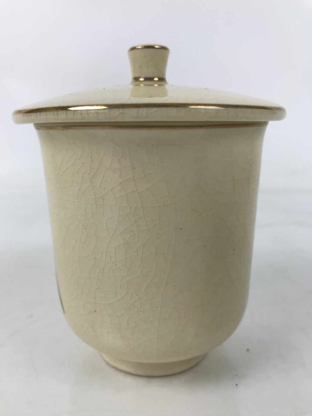 Japanese Satsuma Ware Porcelain Lidded Teacup Vtg Plum Blossom Red Beige TC566