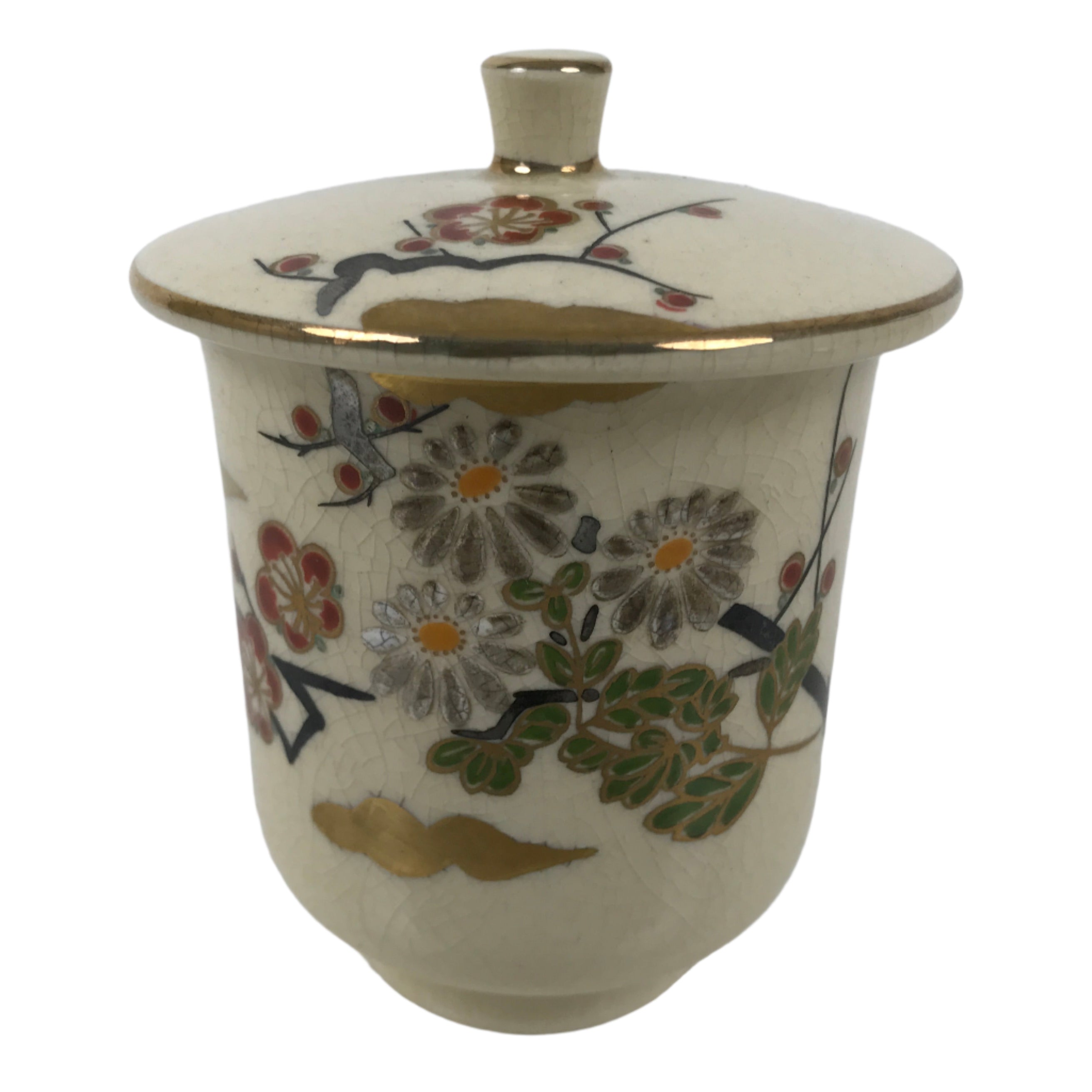 Japanese Satsuma Ware Porcelain Lidded Teacup Vtg Plum Blossom Red Beige TC566