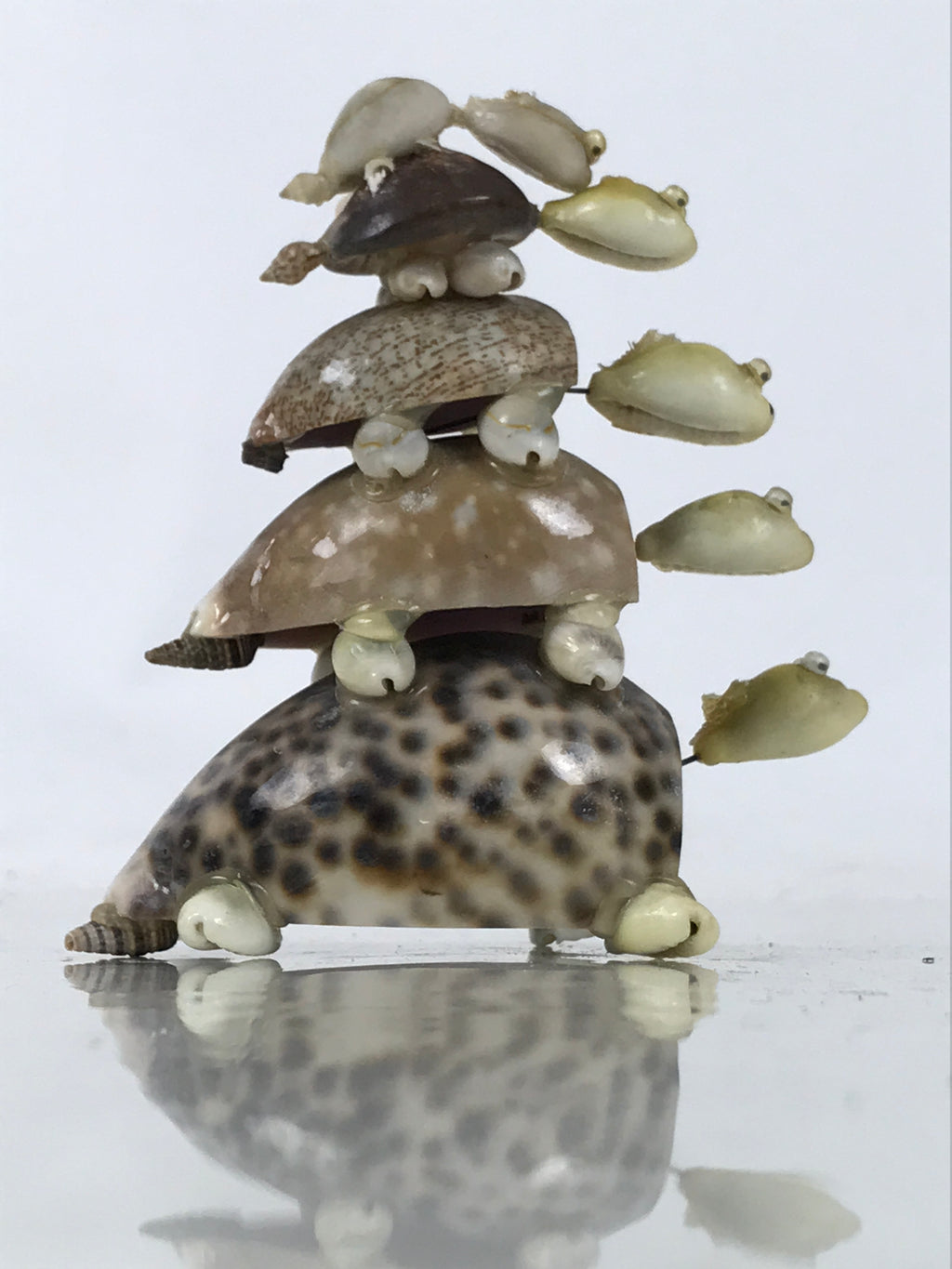 Japanese Sea Shell Kokeshi Doll Vtg 5 Turtle Stack Wobbly Head Brown Beige KF749