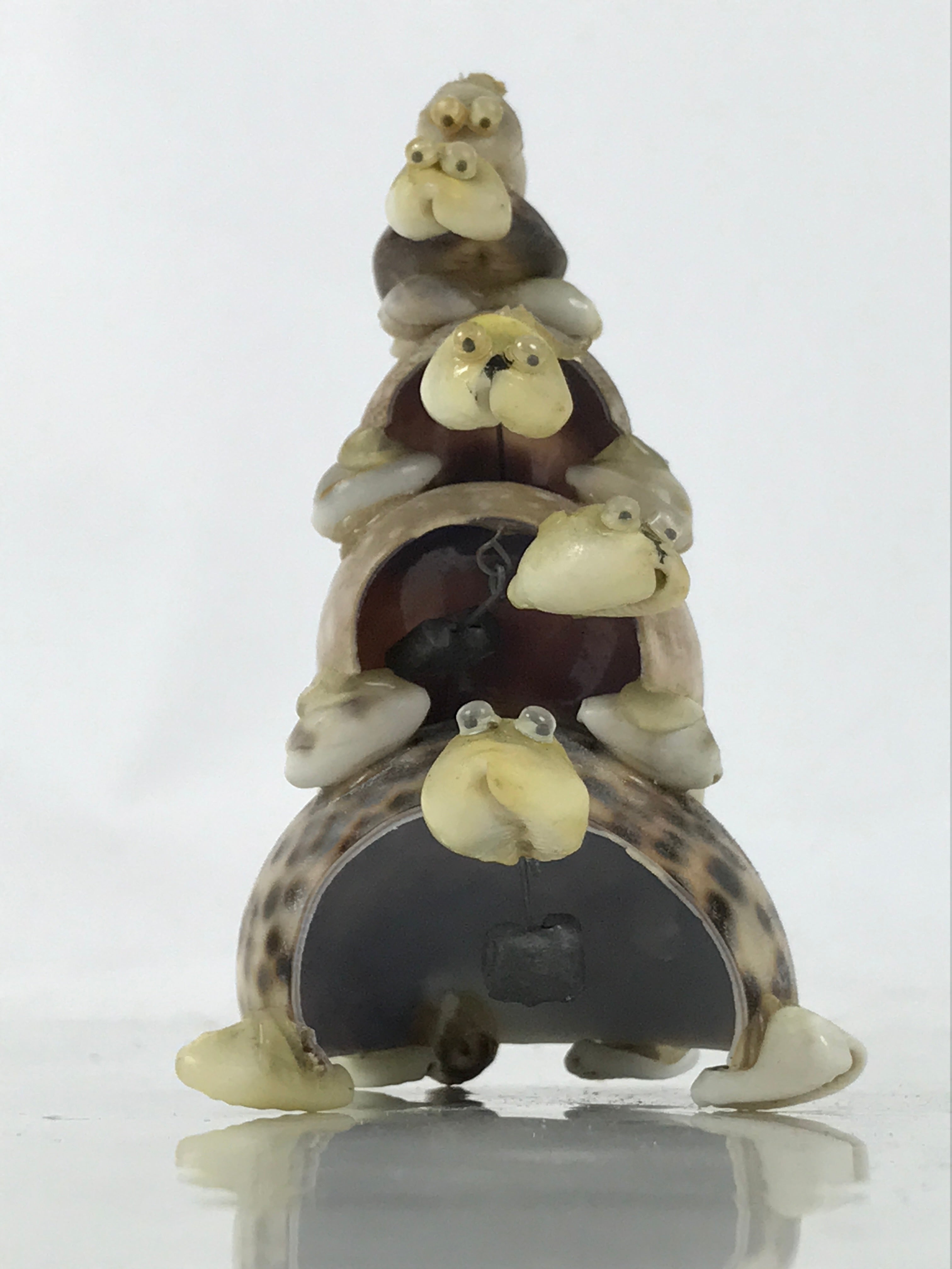 Japanese Sea Shell Kokeshi Doll Vtg 5 Turtle Stack Wobbly Head Brown Beige KF749