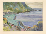 Japanese Seaside Village Landscape Pastel Drawing Original Art Unsigned FL297