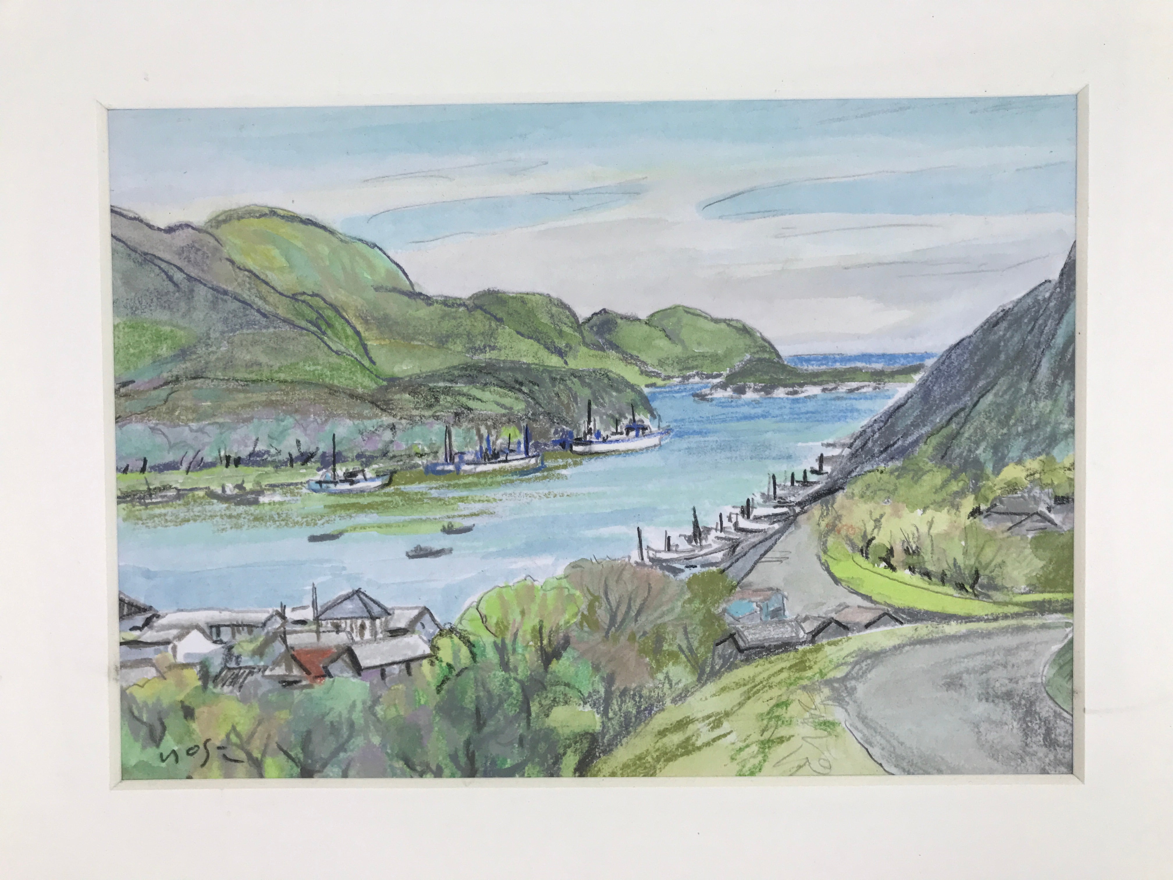 Japanese Seaside Village Pastel Drawing Original Signed Yoshihiro Hagino FL295